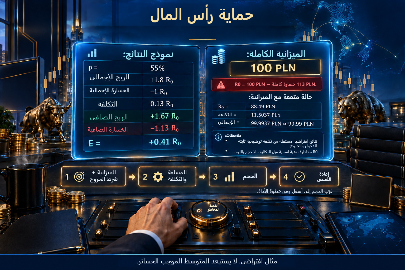 لوحتان مرسومتان: نموذج فيه p=55% ونتائج صافية +1.67/−1.13 R₀ وE=+0.41 R₀؛ وميزانية قدرها 100 PLN تلتزم بها وحدة اسمية قدرها 88.49 PLN وتكلفة قدرها 11.5037 PLN.