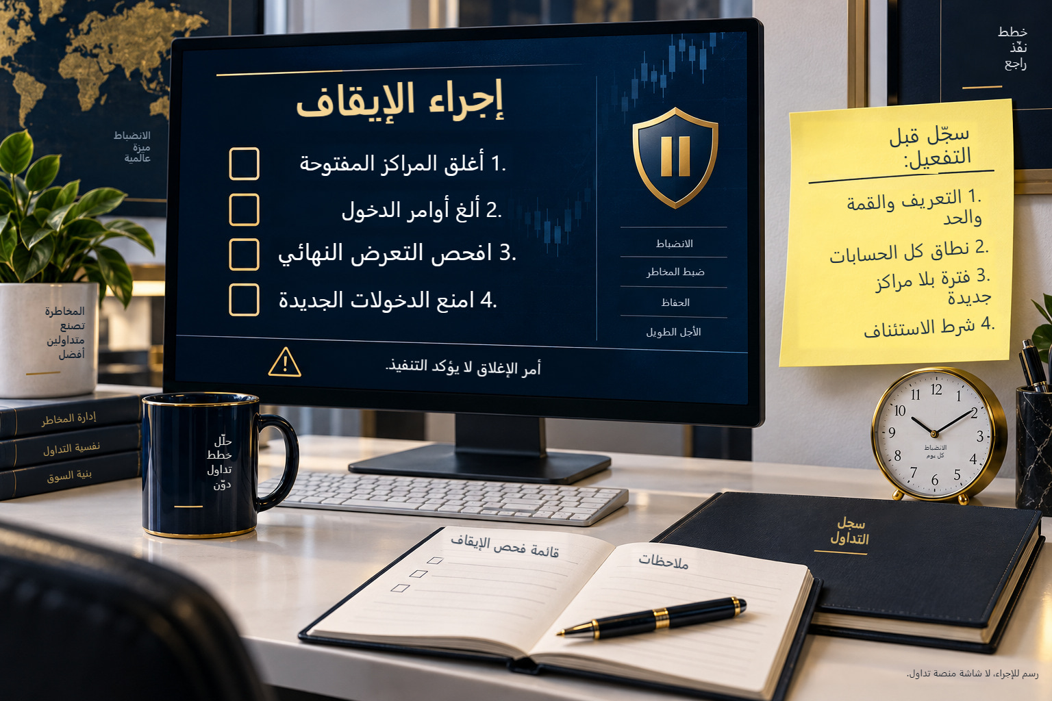 مكتب بإجراء إيقاف مكتوب: أغلق، وألغ الأوامر، وافحص التعرض، وامنع الدخولات الجديدة.