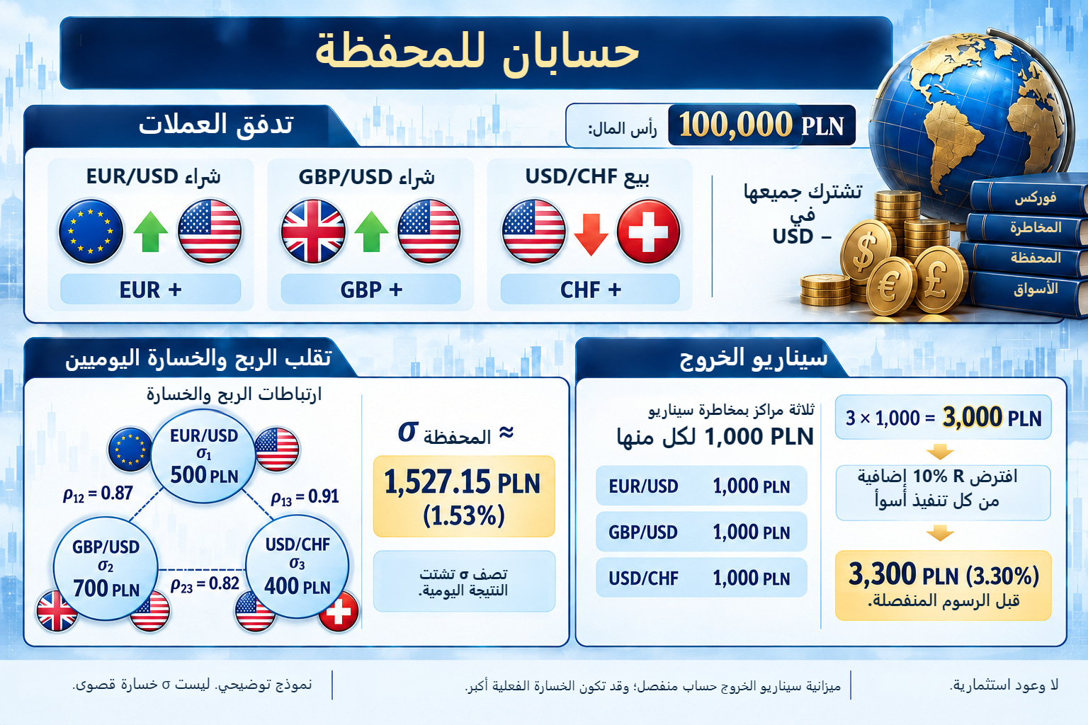 نموذج من ثلاثة مراكز لها مكوّن USD سالب مشترك. يعطي التغاير σ يومية تقارب 1,527 PLN؛ ويعطي سيناريو خروج منفصل 3,000 PLN أو 3,300 PLN مع تدهور التنفيذ بنسبة 10%.