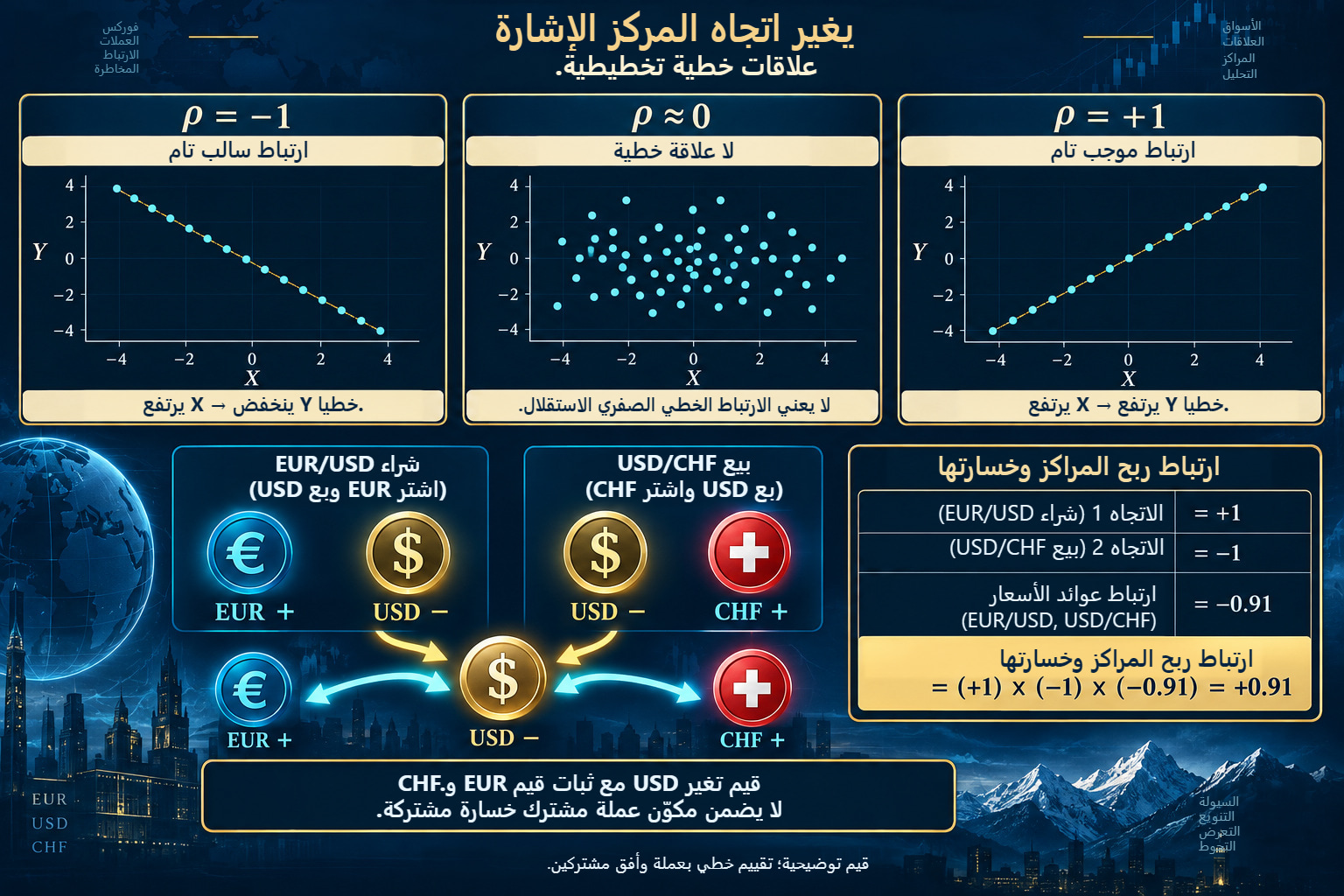 اعتماد خطي سالب وصفري وموجب تخطيطي، مع نقل الإشارة: يحول شراء EUR/USD وبيع USD/CHF ارتباط عائد النموذج −0.91 إلى ارتباط ربح وخسارة +0.91.