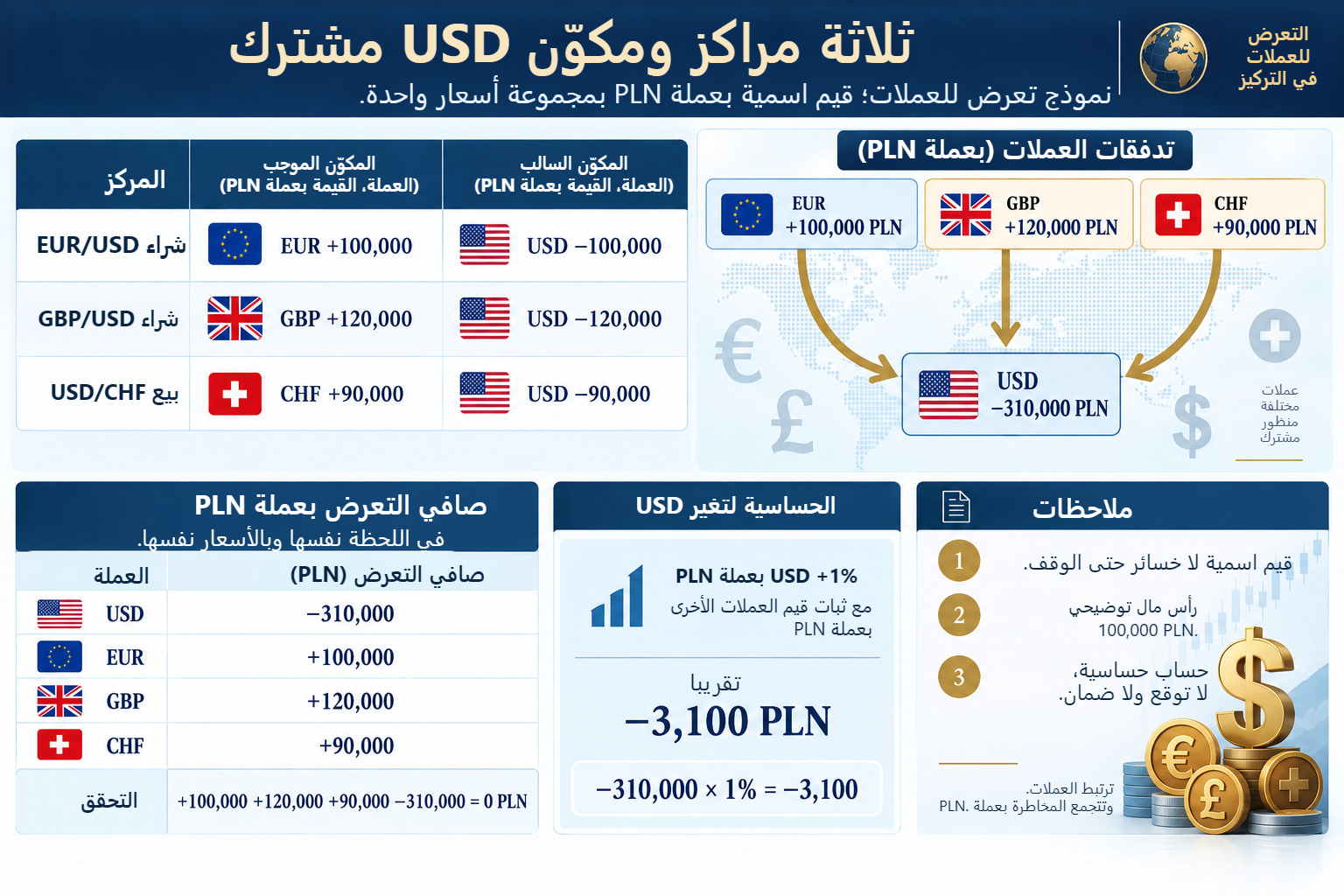 ورقة نموذج لثلاثة مراكز: EUR +100,000 PLN وGBP +120,000 PLN وCHF +90,000 PLN وUSD −310,000 PLN. قيم اسمية بإشاراتها وسيناريو قوة USD بنسبة 1% بعملة PLN.