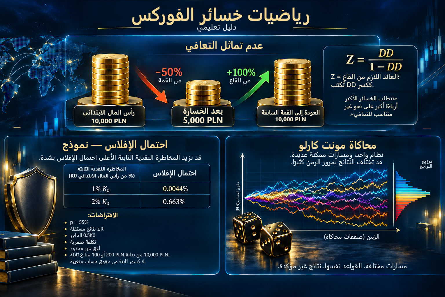 ثلاثة موضوعات في رياضيات الخسائر: رأس مال بمسار 10,000–5,000–10,000 PLN واختلاف أسس النسب المئوية؛ ومقارنة نموذجية لاحتمال الإفلاس بمبالغ ثابتة؛ ومخطط لسحب النتائج في محاكاة مونت كارلو.