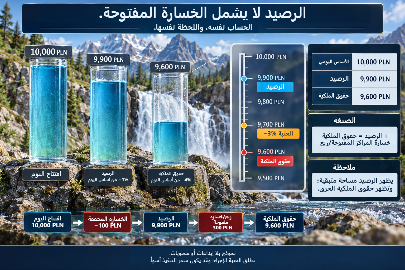 الرصيد وحقوق الملكية في اللحظة نفسها: 10,000 PLN عند افتتاح اليوم، و9,900 PLN بعد خسارة مغلقة 100 PLN، و9,600 PLN بعد إدخال خسارة مفتوحة 300 PLN. تقع العتبة اليومية 9,700 PLN بين الرصيد وحقوق الملكية.