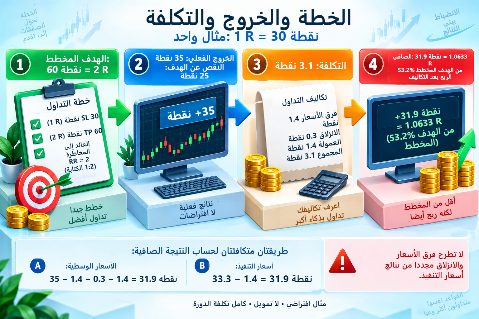 أربع مراحل مصورة لمركز واحد: خطة 60 نقطة، وخروج بعد 35، وتكلفة 3.1، ونتيجة صافية 31.9 نقطة، أو 1.0633 R.