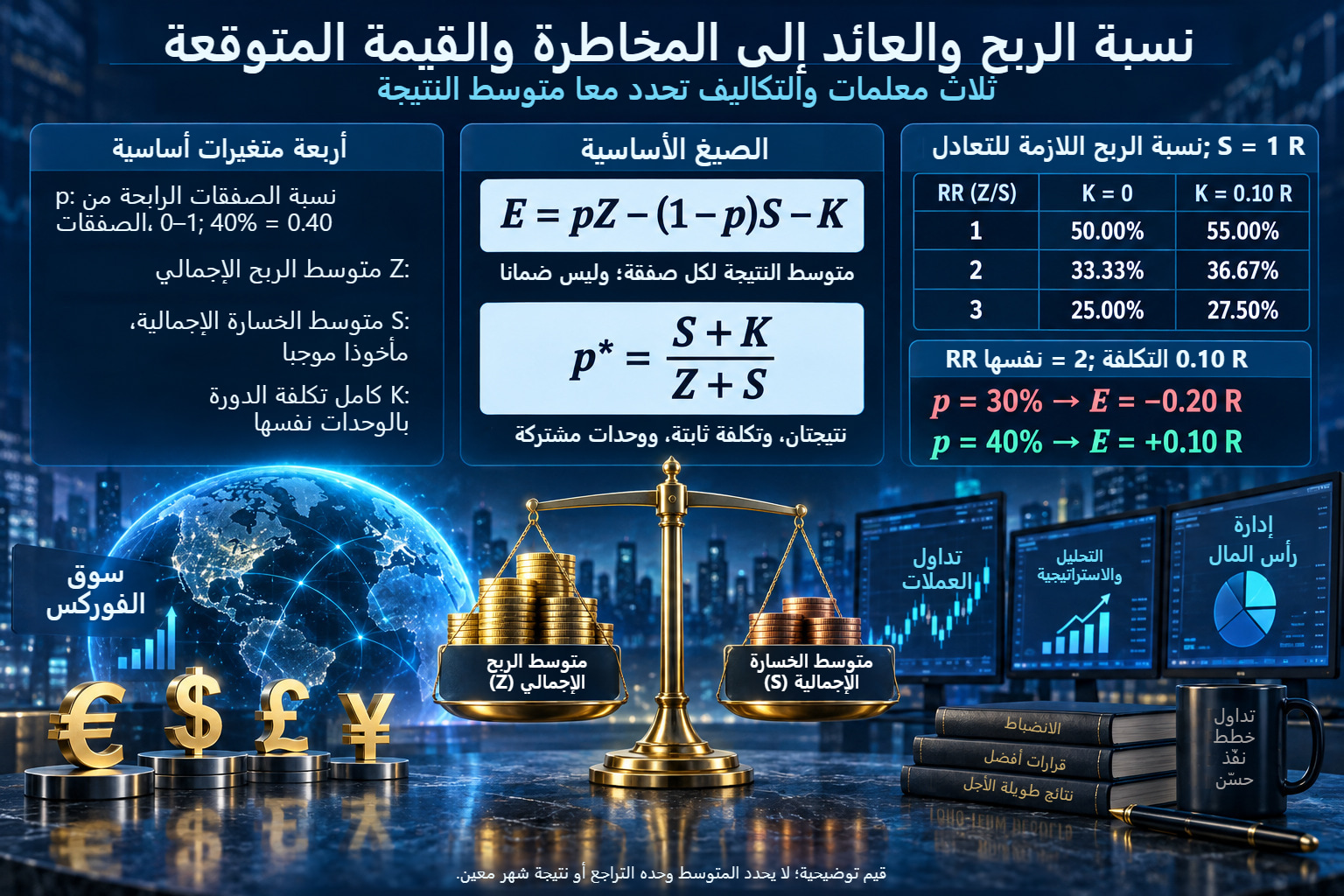 تعريفات مصورة لنسبة الصفقات الرابحة ومتوسط الربح والخسارة والتكاليف؛ وجدول حدود لنسب RR تساوي 1 و2 و3 عند تكلفة صفر أو 0.10 R.
