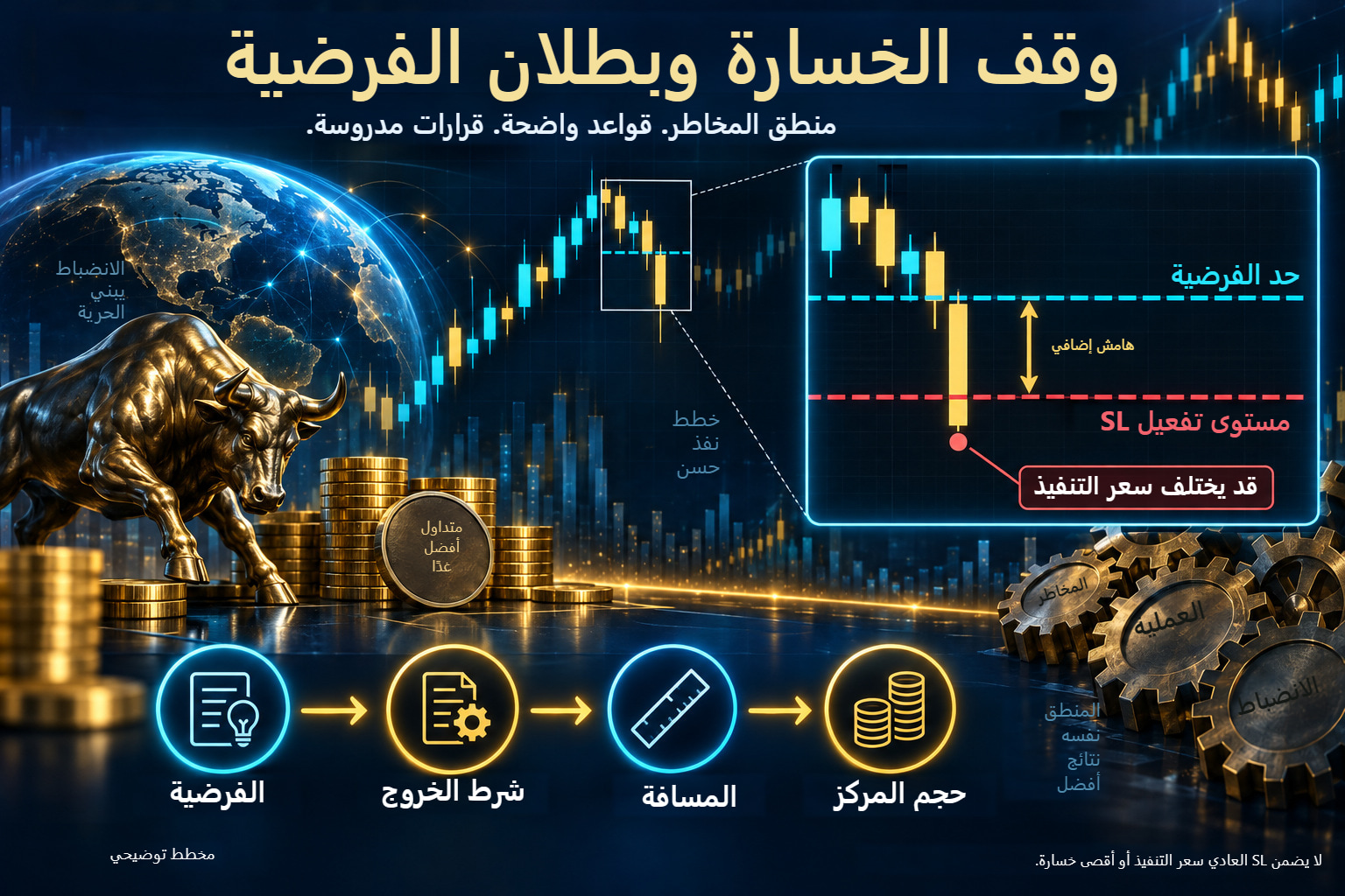 مخطط تفصيلي لوقف الخسارة: حد الفرضية والهامش الإضافي ومستوى تفعيل أدنى، ومثال مكبر لسعر تنفيذ مختلف، والتسلسل من الفرضية إلى حجم المركز.