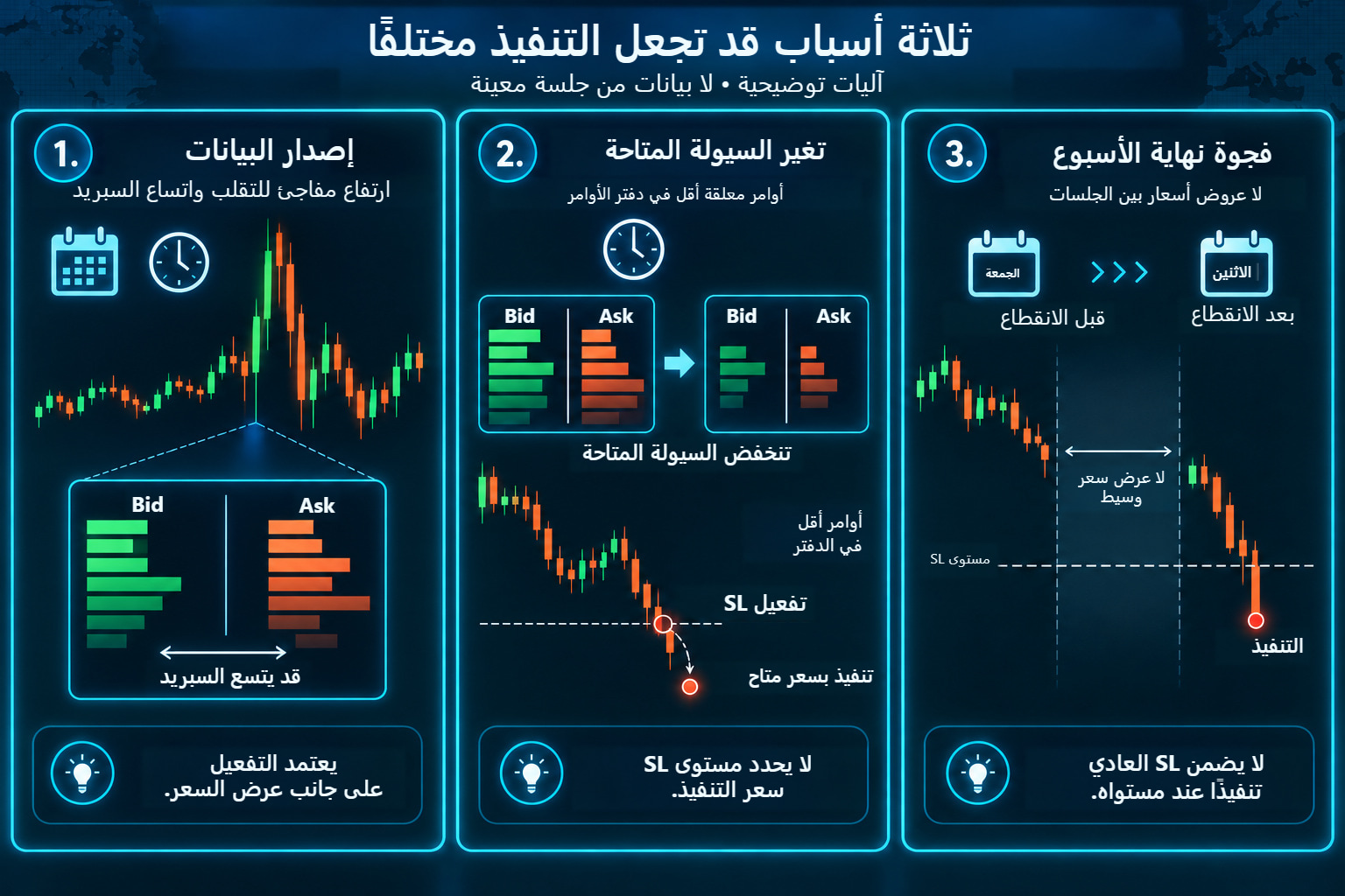 ثلاثة مخططات تفصيلية للتنفيذ بأسعار أسوأ: سبريد أوسع حول إصدار، وتغير السيولة المتاحة، وفجوة بين آخر عرض سعر قبل الانقطاع وأول عرض بعده.
