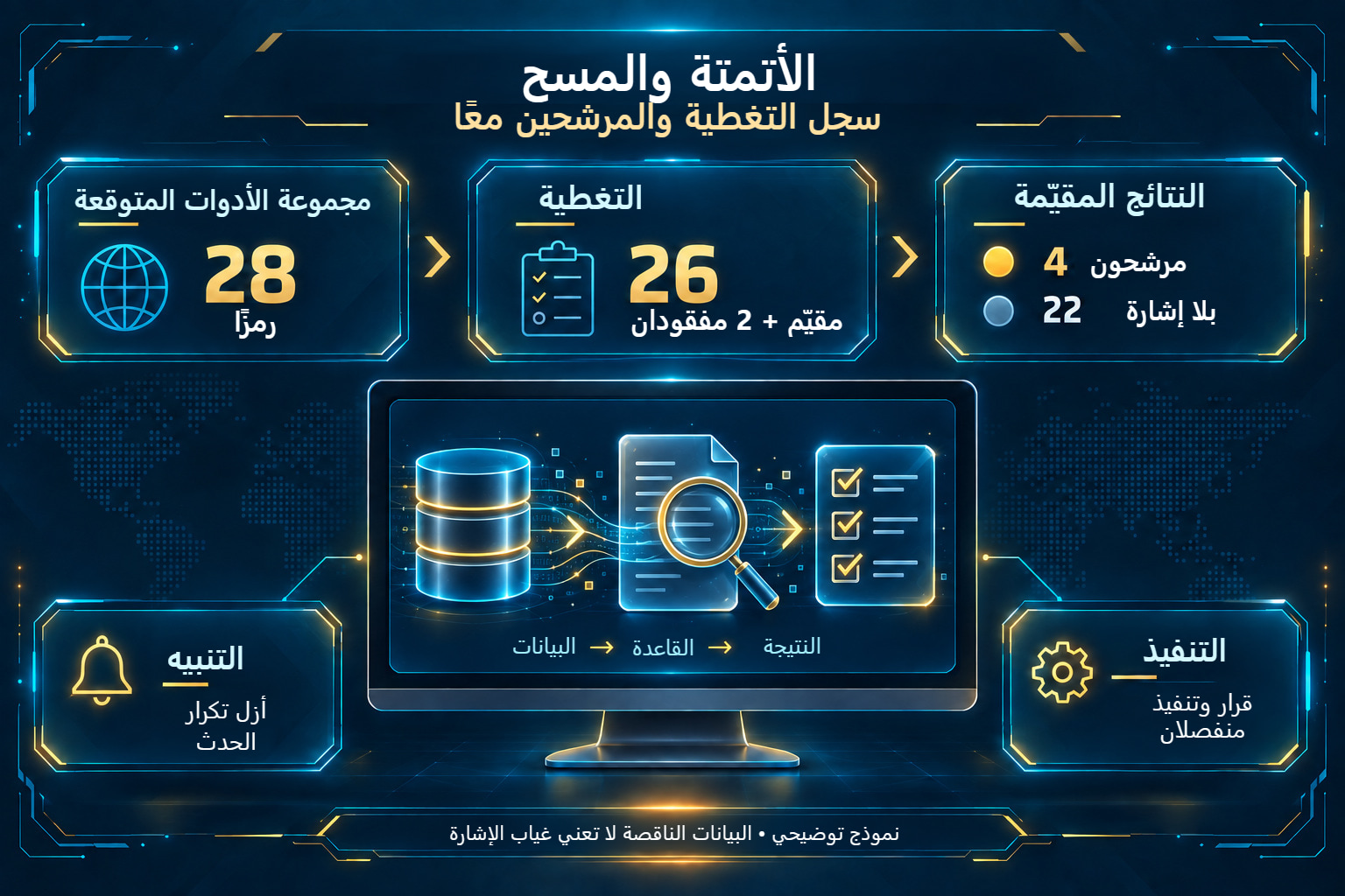 المسح: 28 رمزًا، منها 26 مقيّمًا و2 ببيانات ناقصة و4 مرشحين