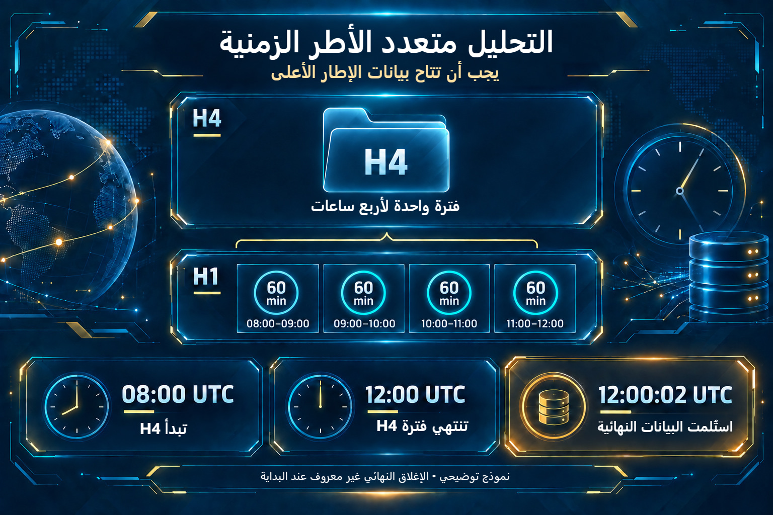 أربع فترات H1 مجمعة إلى H4 ووقت إتاحة البيانات النهائية