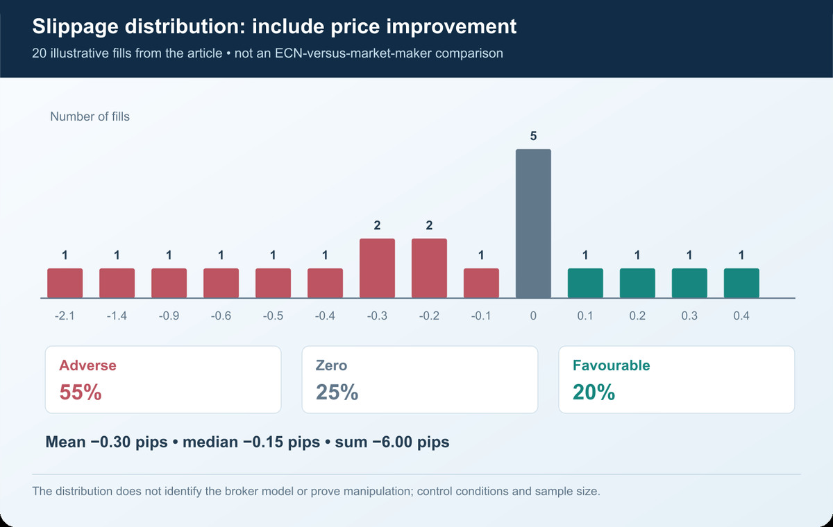 Dos distribuciones de slippage sobre una muestra comparable de órdenes – una casi simétrica, otra desplazada hacia valores negativos