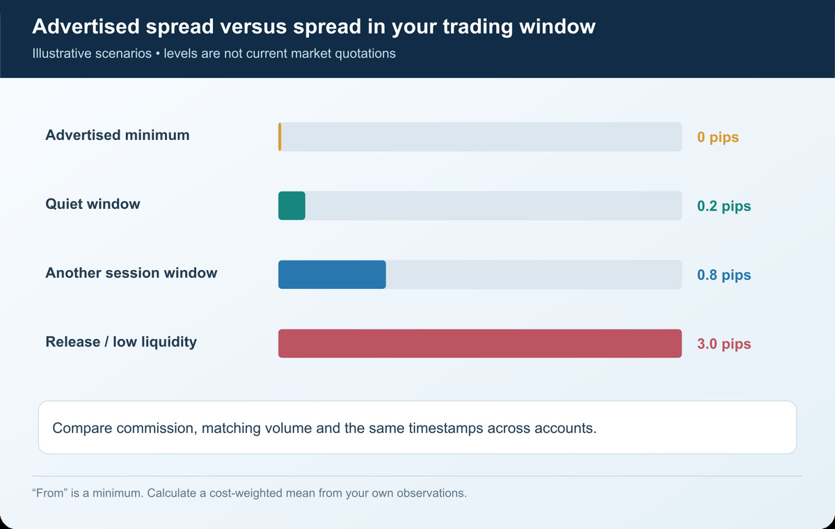 Beworbener gegen realen Spread auf EUR/USD – ein Vergleich von minimalem, durchschnittlichem und Ereignis-Spread über einen Handelstag