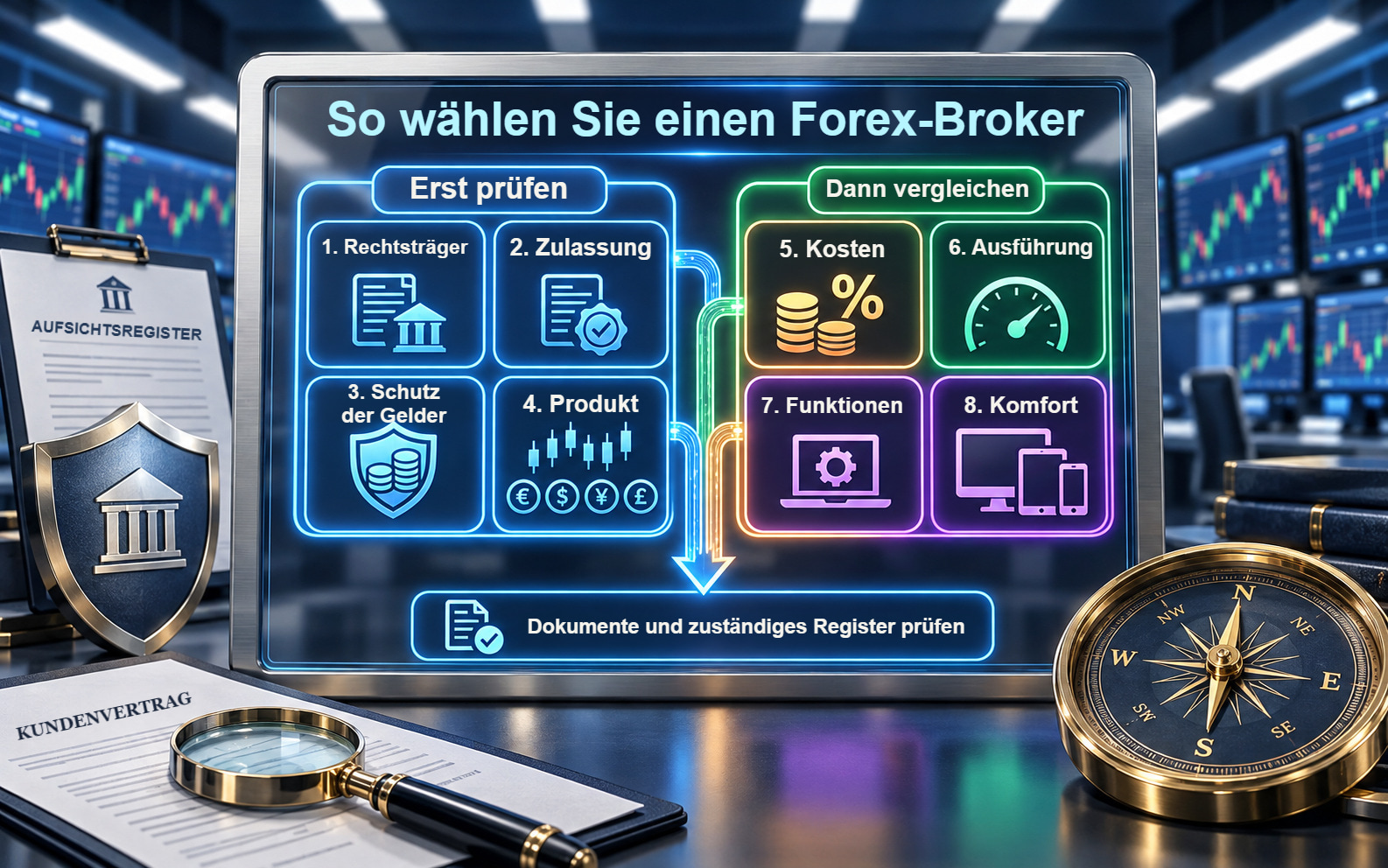 Ein Kompass, Dokumente und acht Stufen der Brokerwahl: vom Rechtsträger und seiner Zulassung bis zu Kosten und Funktionsumfang.