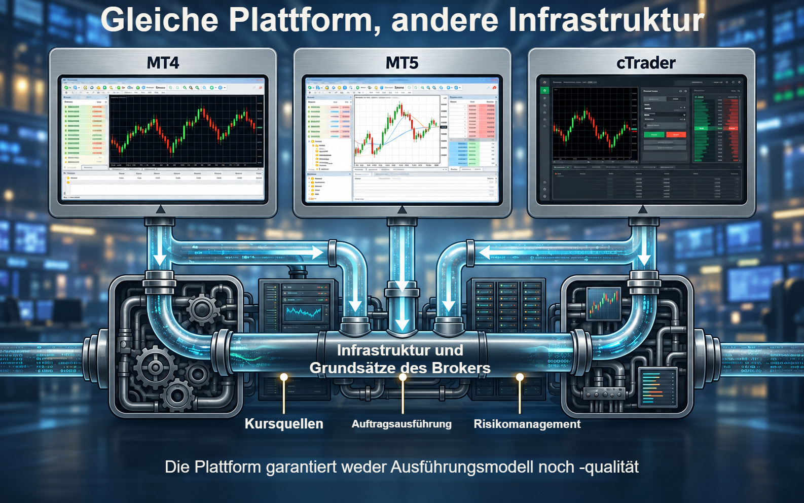 MT4-, MT5- und cTrader-Terminals über der Kurs-, Ausführungs- und Risikomanagementinfrastruktur des Brokers.