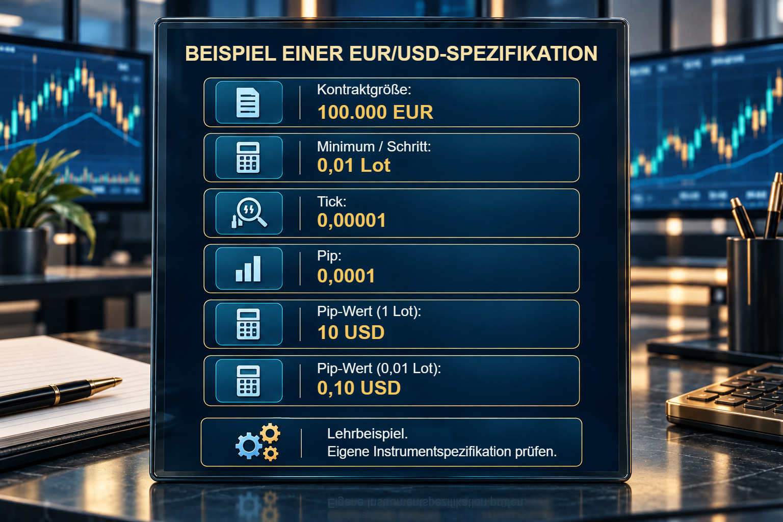Illustrative EUR/USD-Instrumentspezifikation mit Kontraktgröße, Mindestvolumen und Volumenschritt, Tick- und Pipgröße sowie Pipwerten bei unterschiedlichen Volumina