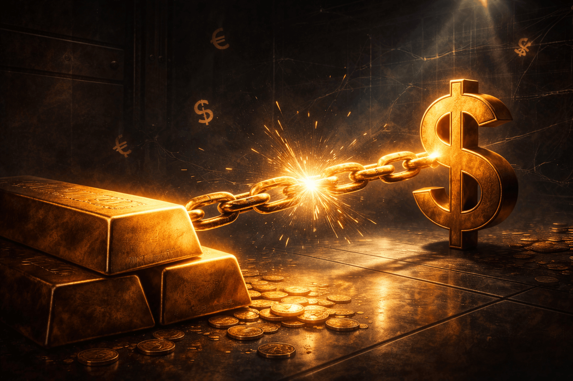 Unterbrochene Verbindung zwischen Gold und dem Dollarsymbol
