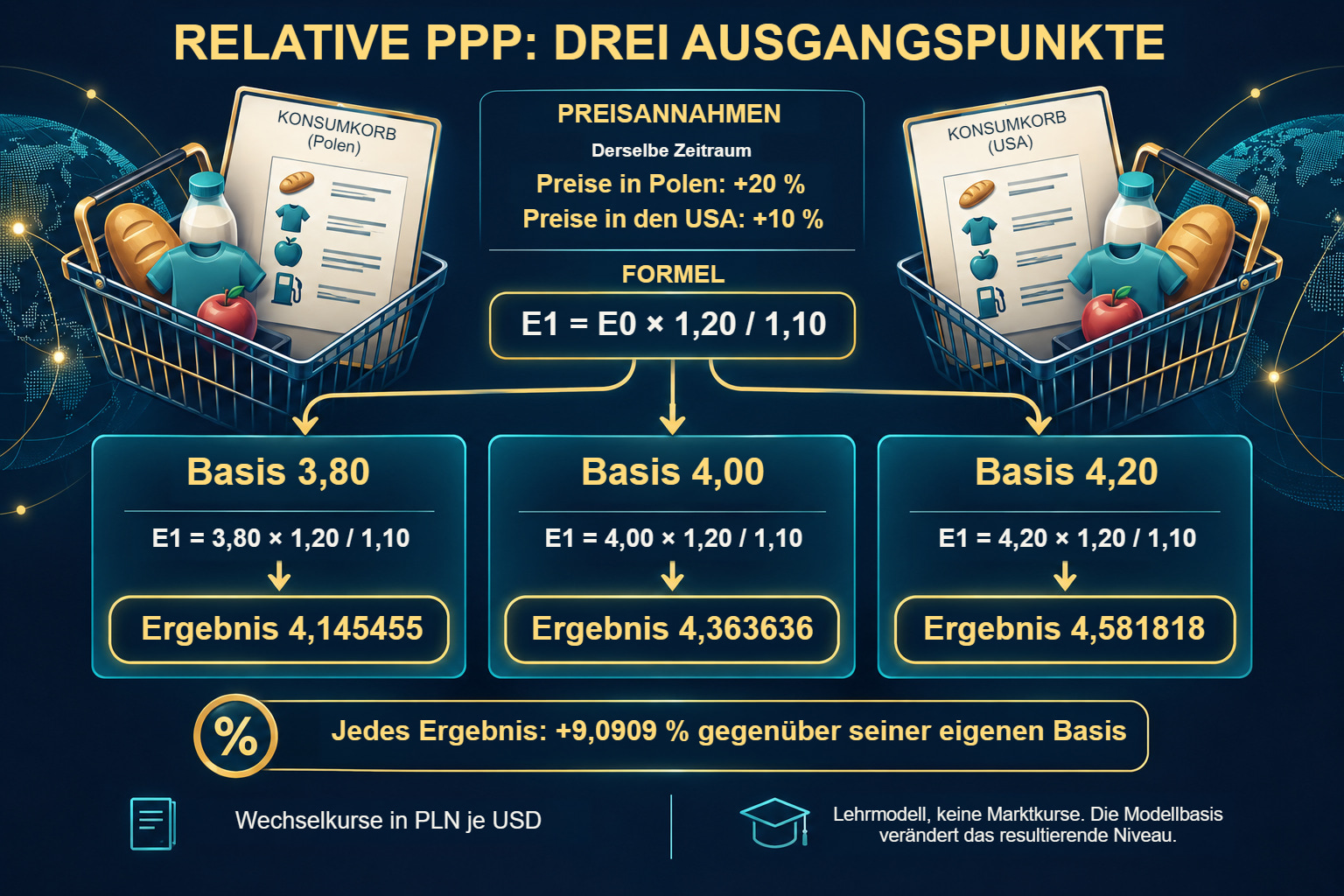 Relative PPP: drei Ausgangskurse und gemeinsame Preisannahmen