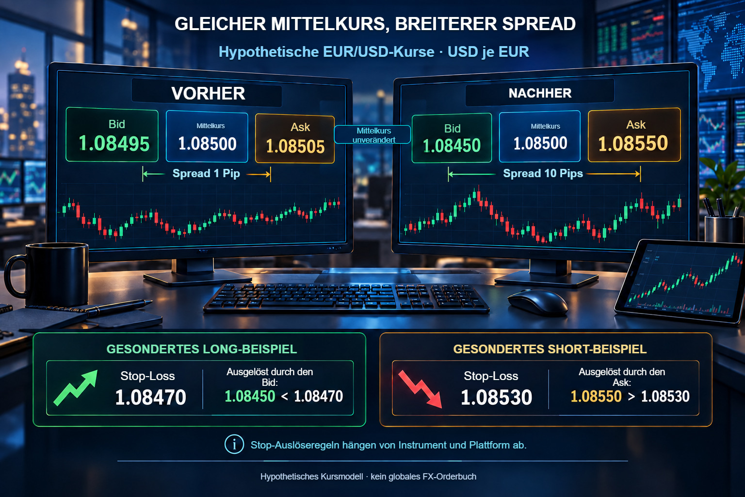 Breiterer EUR/USD-Spread: die Long-Position verwendet den Bid, die Short-Position den Ask