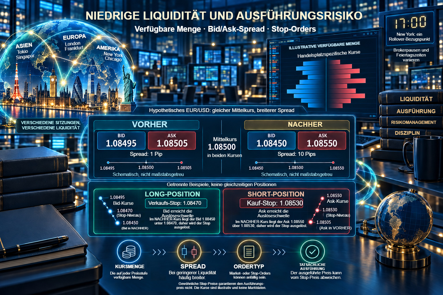 Niedrige Liquidität: ein breiterer Spread bei konstantem Mittelkurs und zwei getrennte Stop-Orders
