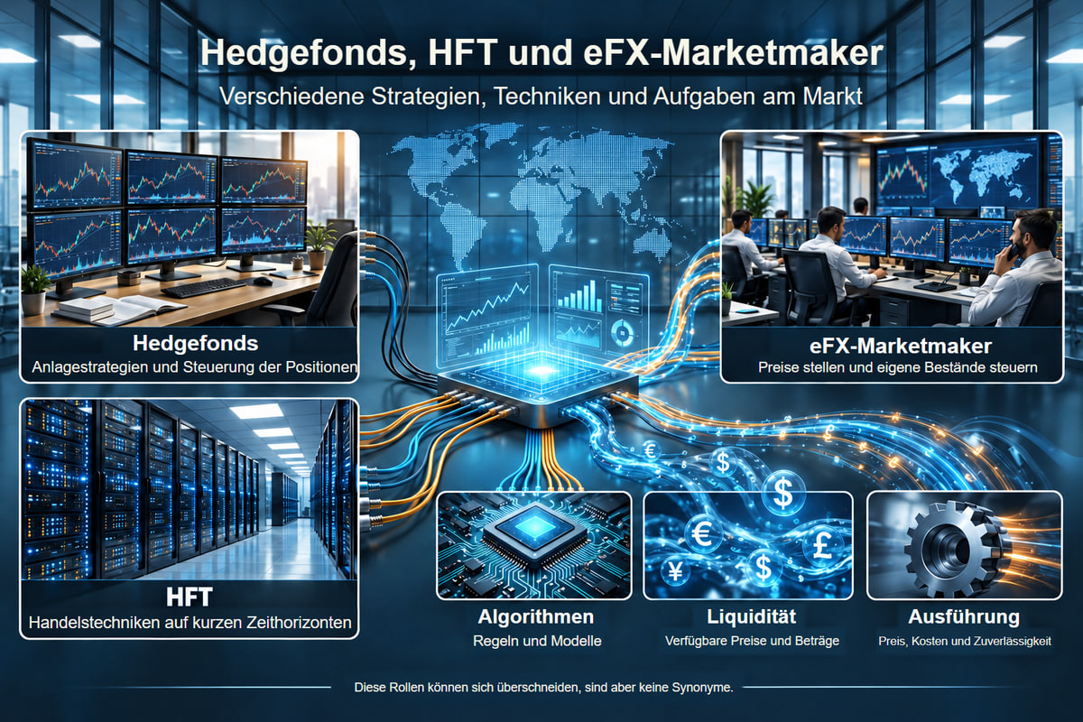 Fondsstrategie, HFT-Techniken und die Rolle des Marketmakers. Anlagestrategie, HFT-Techniken und die Rolle des Marketmakers sind verschiedene Begriffe. Die Illustration enthält keine gemessenen Latenzdaten.