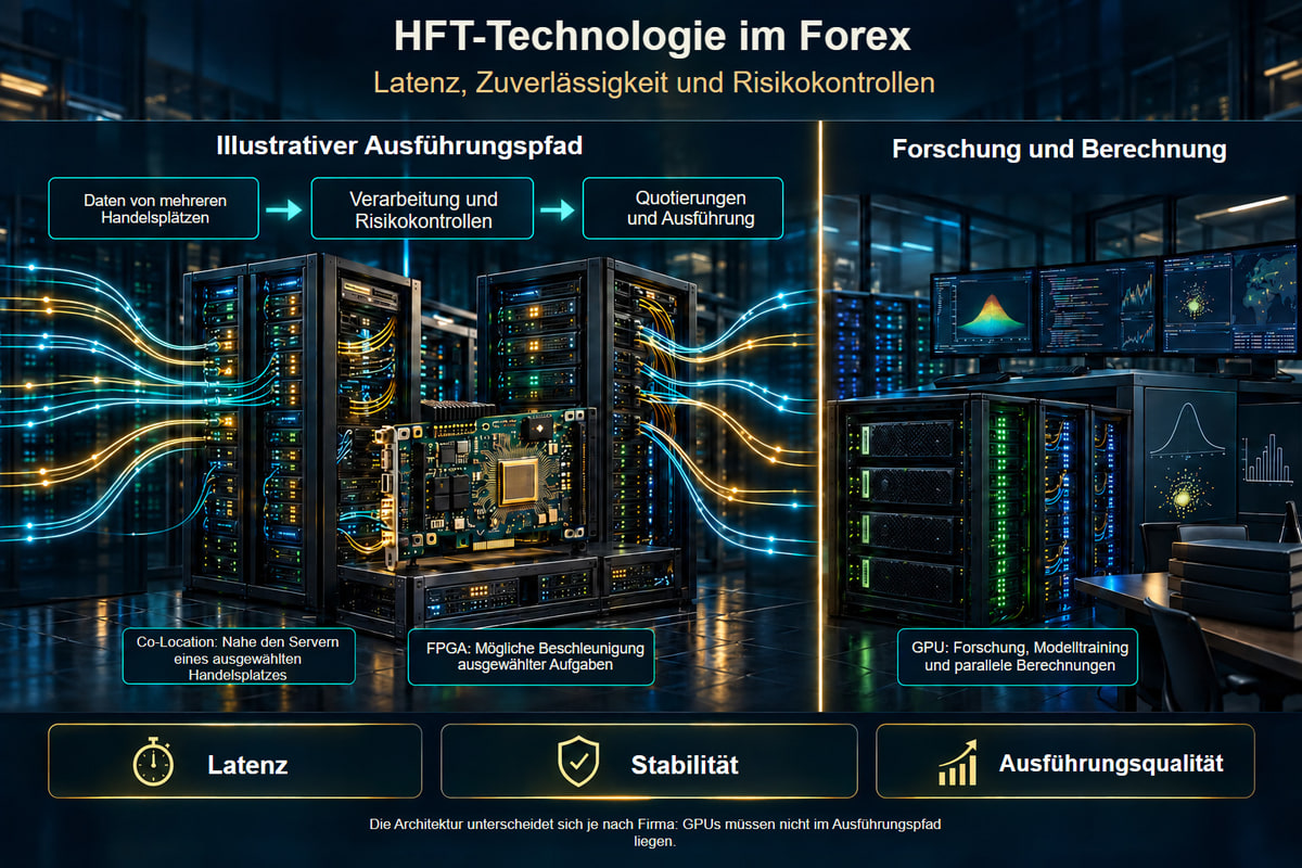 Illustrative HFT-Infrastruktur: Co-Location, FPGA und GPU. Illustrative Architektur. Co-Location betrifft ausgewählte Handelsplätze; der Einsatz von FPGA und GPU hängt von Aufgabe und Firma ab.