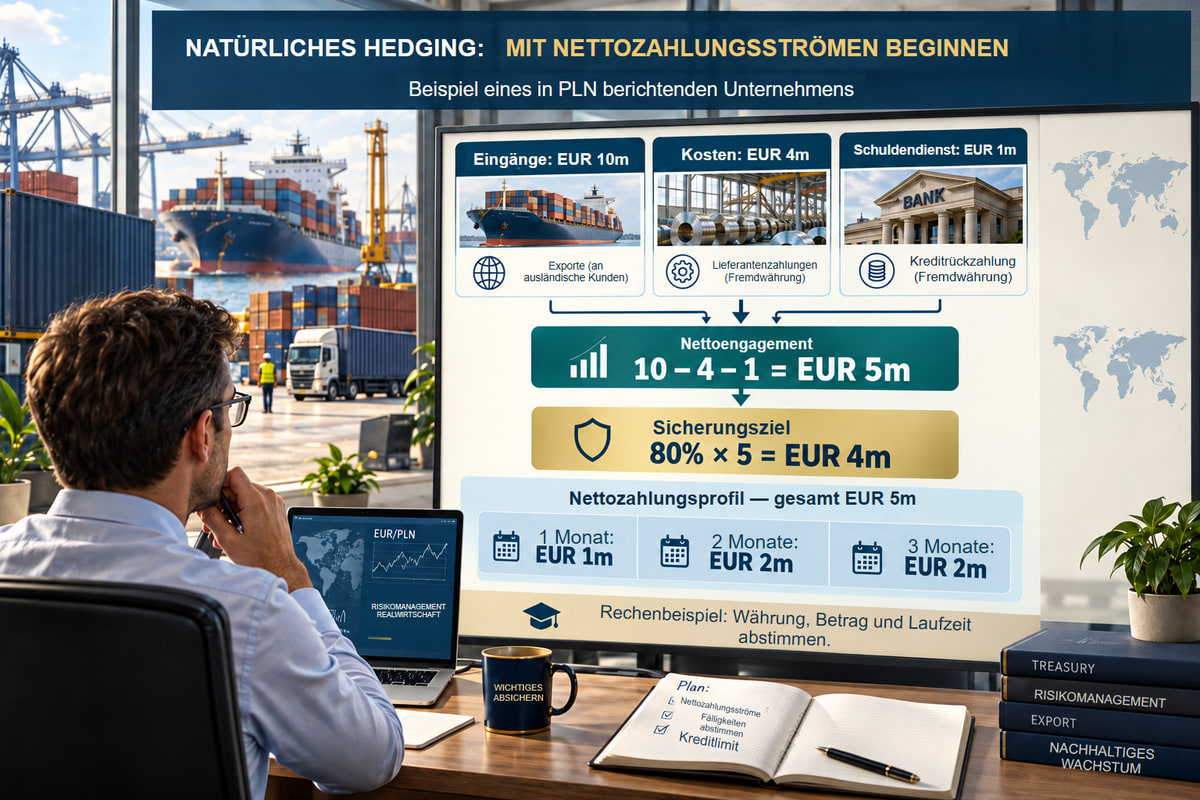 Treasury: Nettozahlungsstrom von EUR 5 Millionen und Absicherung von EUR 4 Millionen. Artikelbeispiel: Nettozahlungsstrom EUR 5 Millionen und Sicherungsziel EUR 4 Millionen. Die gezeigten Laufzeiten betreffen den Nettozahlungsstrom.