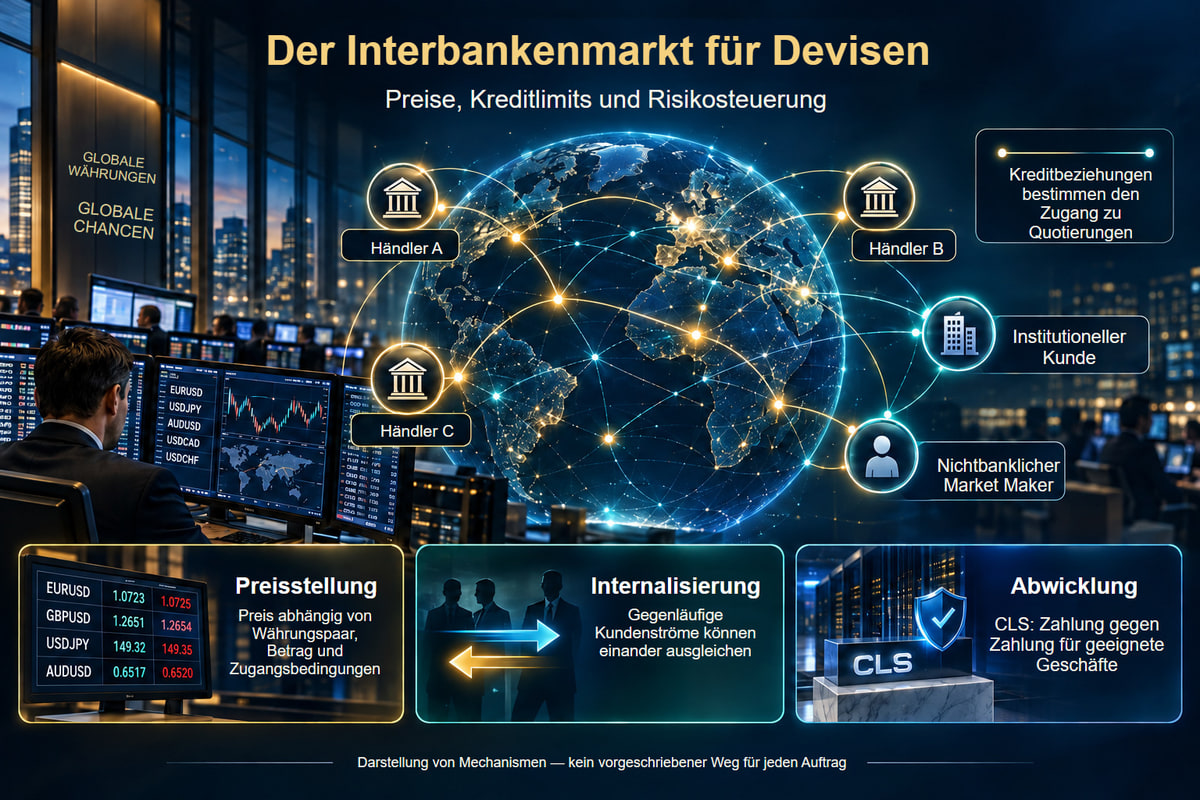 Händler, Kreditlimits und ein getrennter Abwicklungsprozess. Preisstellung, Positionssteuerung und Abwicklung sind getrennte Prozesse. Das Netz ist illustrativ.