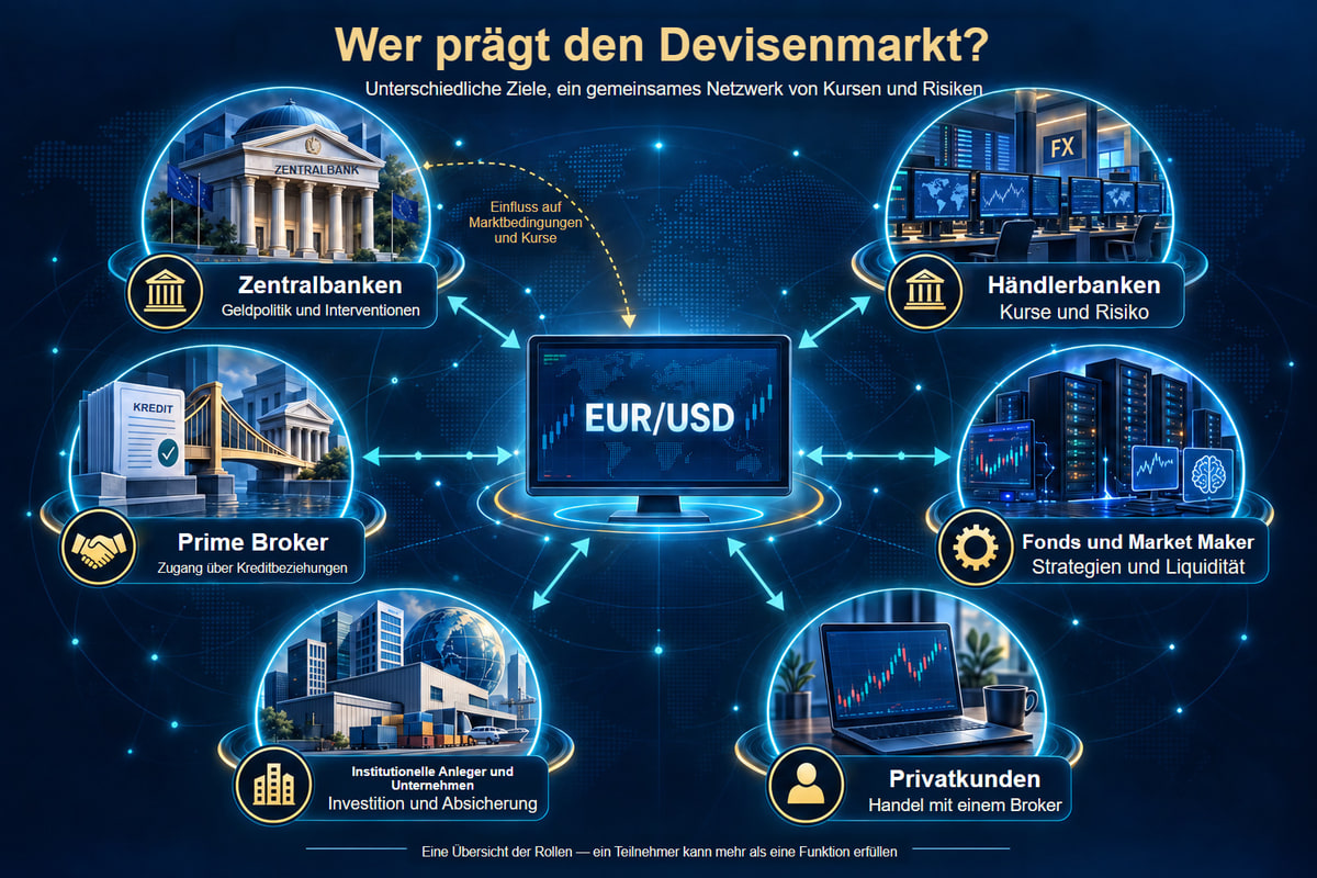 Ein Netzwerk der Rollen und Beziehungen am Devisenmarkt. Die Teilnehmer bilden ein Beziehungsnetzwerk; es gibt keinen einzigen zwingenden Orderweg.