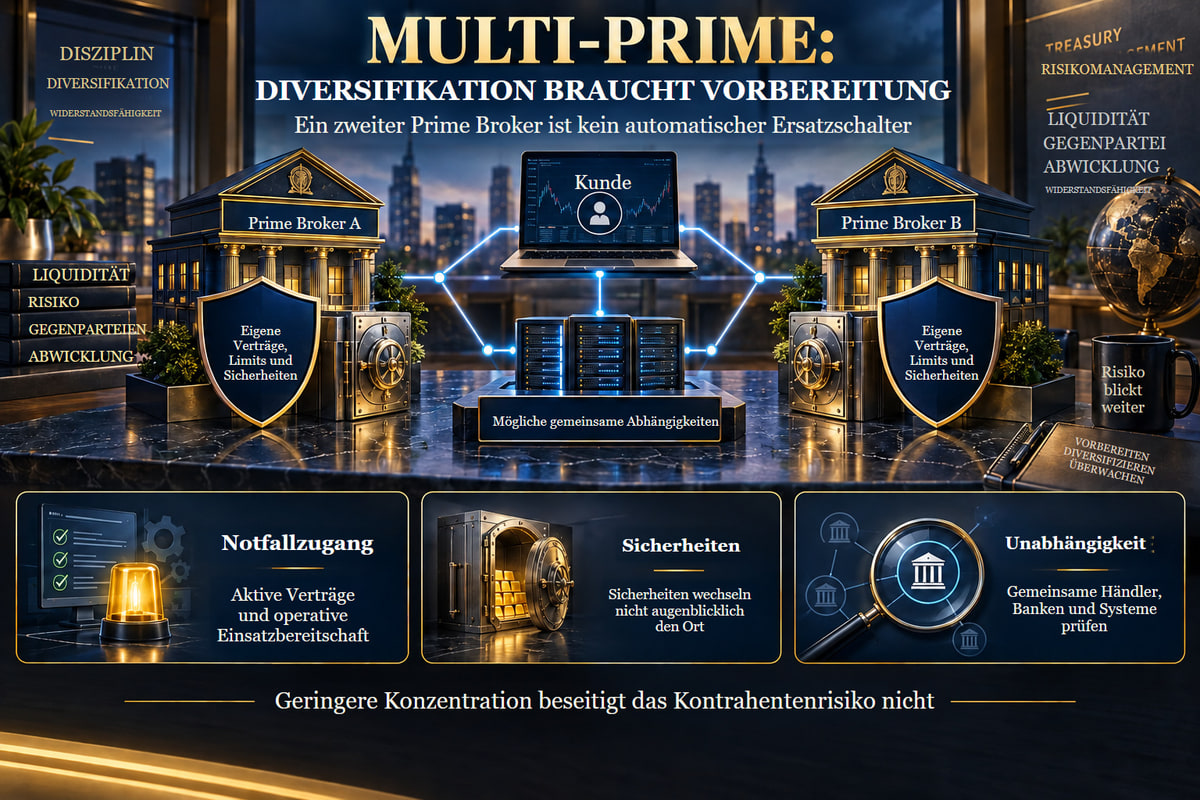 Prime-Broker-Diversifikation und gemeinsame Abhängigkeiten. Diversifikation benötigt aktive Verträge, getrennte Sicherheiten und eine Bewertung gemeinsamer Abhängigkeiten.
