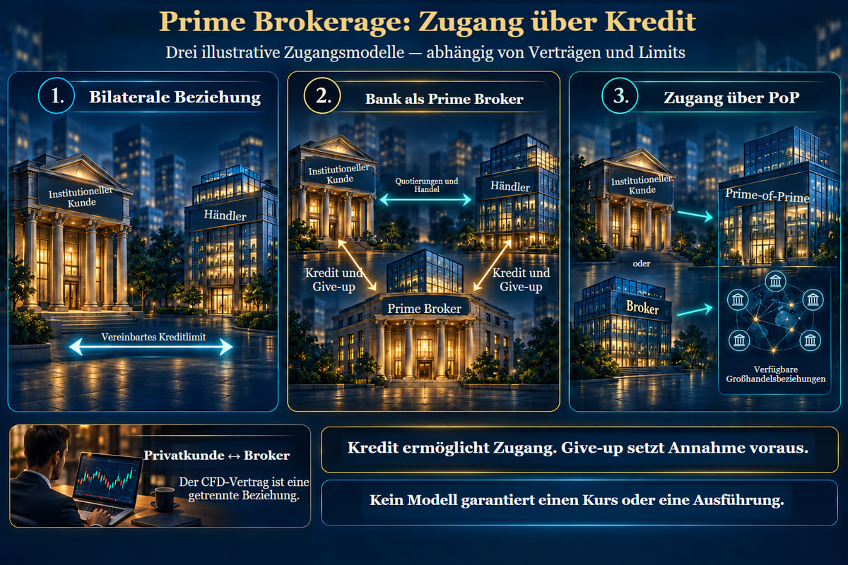 Prime Brokerage: drei Kreditzugangsmodelle. Illustrative Modelle unter Vertrags- und Limitbedingungen. Give-up setzt Annahme voraus; der CFD-Vertrag des Privatkunden bleibt getrennt.
