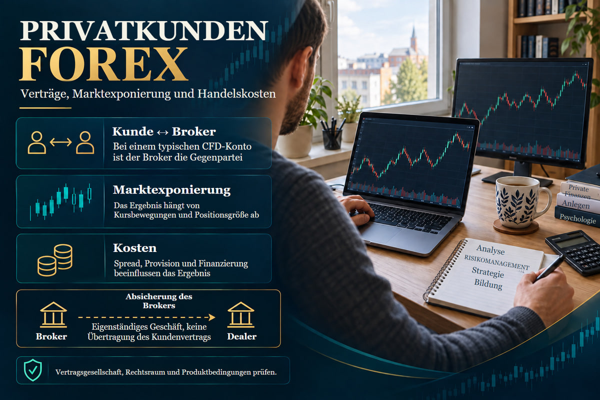Privatkunden-CFDs: Vertrag mit dem Broker, Kosten und Umfang des Schutzes. Typisches Privatkunden-CFD-Modell. Produkt und Kundenschutz hängen von der Vertragsgesellschaft und dem Rechtsraum ab.
