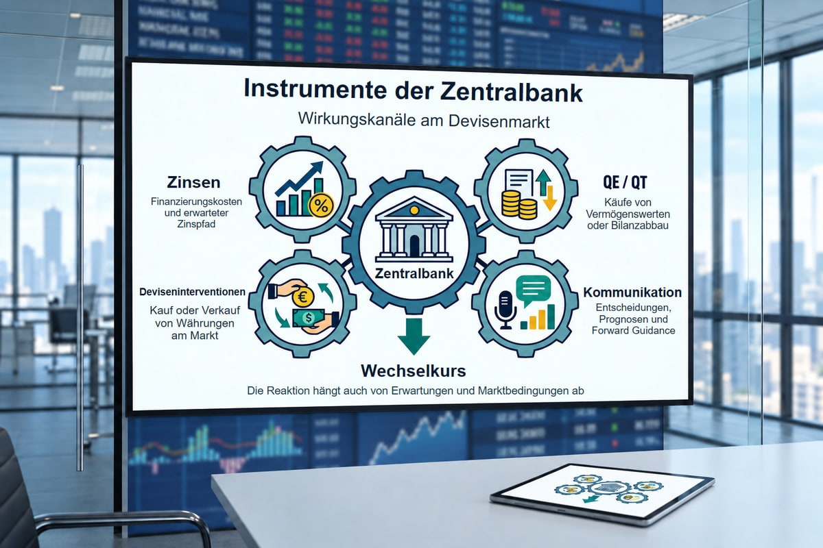 Zentralbankinstrumente und eine bedingte Wechselkursreaktion. Die Richtung der Wechselkursreaktion hängt auch von den vorherigen Erwartungen und Marktbedingungen ab.