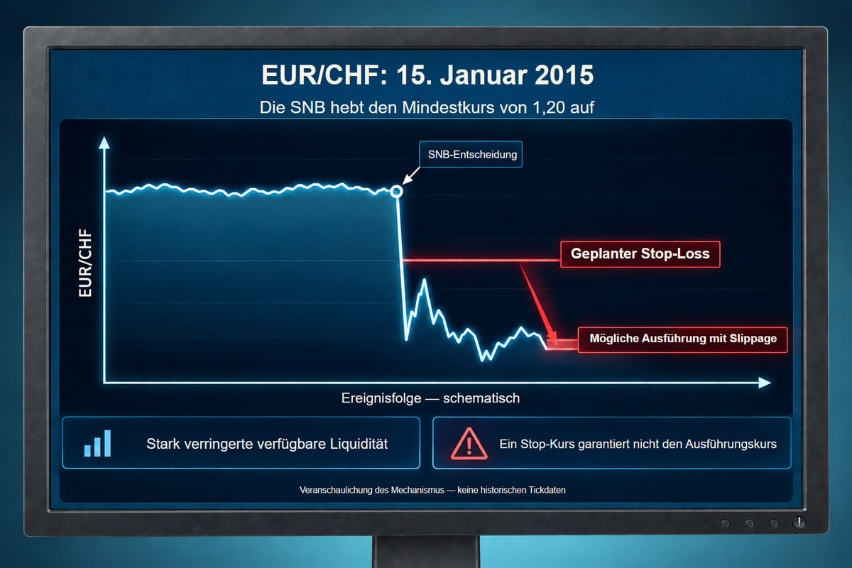SNB am 15. Januar 2015: Liquiditäts- und Slippage-Risiko. Schema dieser Risiken nach der SNB-Entscheidung vom 15. Januar 2015; keine historischen Tickdaten.