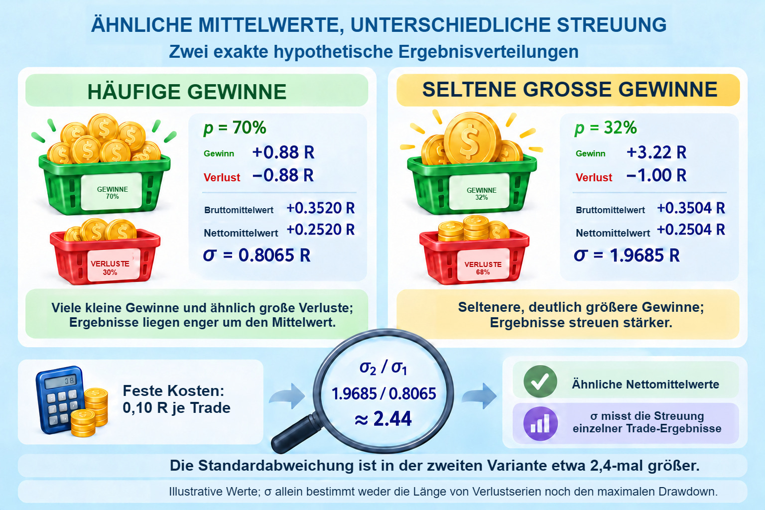 Zwei illustrierte Verteilungen: p=70 % mit Ergebnissen ±0,88 R gegenüber p=32 % mit +3,22/−1 R; ähnliche Mittelwerte, verschiedene Standardabweichungen.