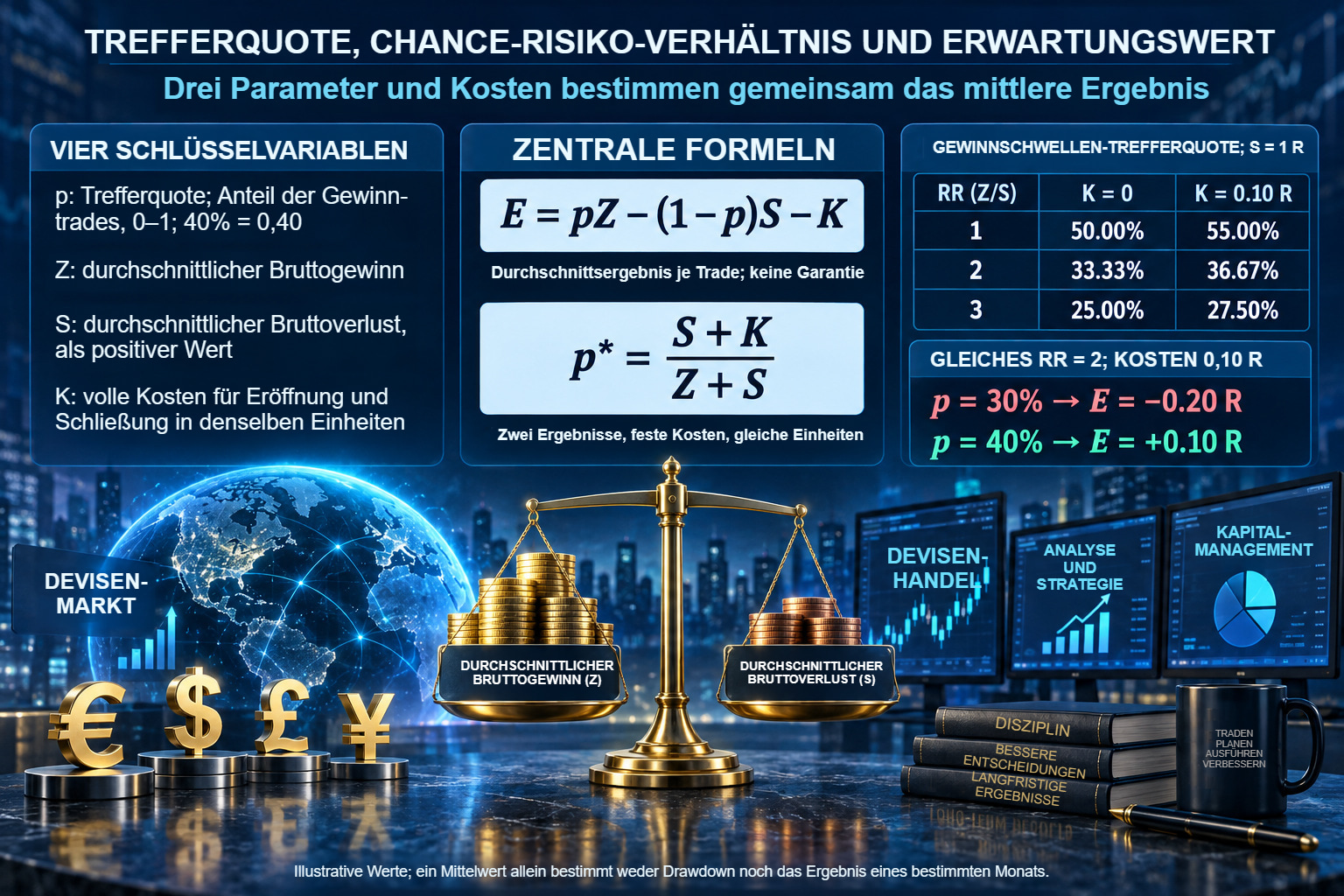 Illustrierte Definitionen von Trefferquote, Durchschnittsgewinn und -verlust sowie Kosten; Schwellentabelle für RR 1, 2 und 3 bei Kosten von null oder 0,10 R.