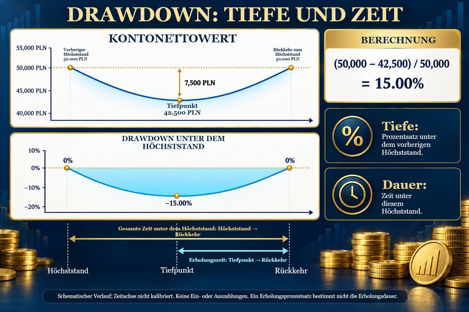 Kontonettowert- und Unterwasserdiagramm: 50.000 PLN, Tiefpunkt 42.500 PLN, Rückkehr 50.000 PLN; DD 15 %.