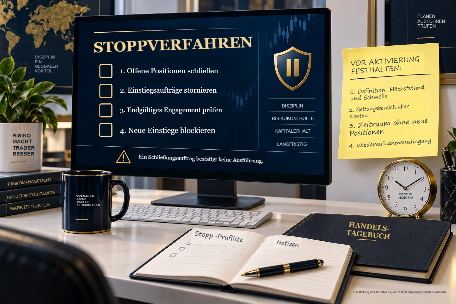 Schreibtisch mit schriftlichem Stoppverfahren: schließen, Aufträge stornieren, Engagement prüfen und neue Einstiege blockieren.