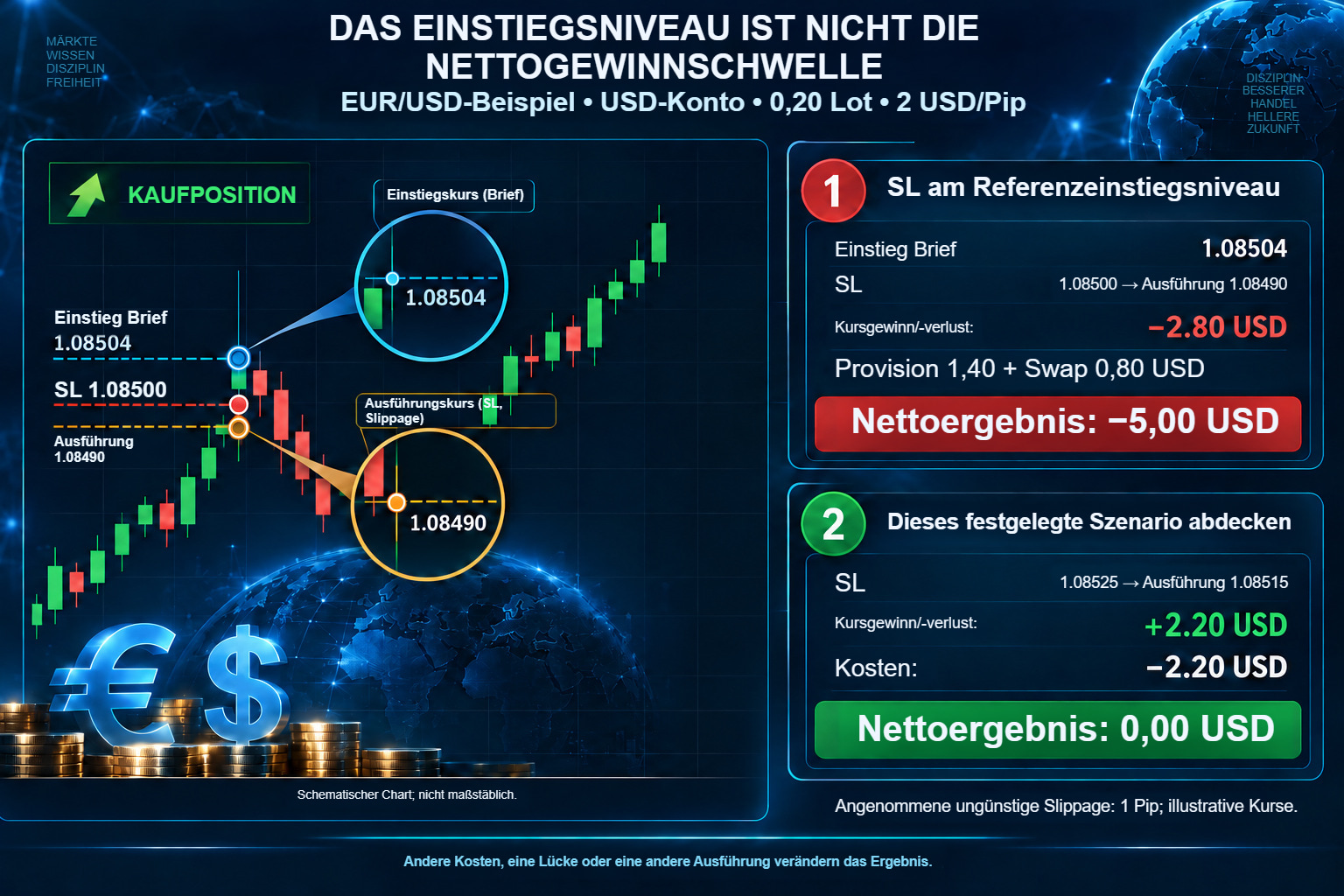 Der Einstiegskurs entspricht nicht netto null: EUR/USD-Beispiel einschließlich Kosten und Slippage.