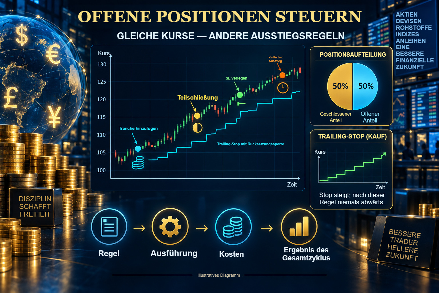 Offene Positionen steuern: SL-Anpassungen, die Gewinnschwelle, Teilausstiege und Kontrolle des Engagements.