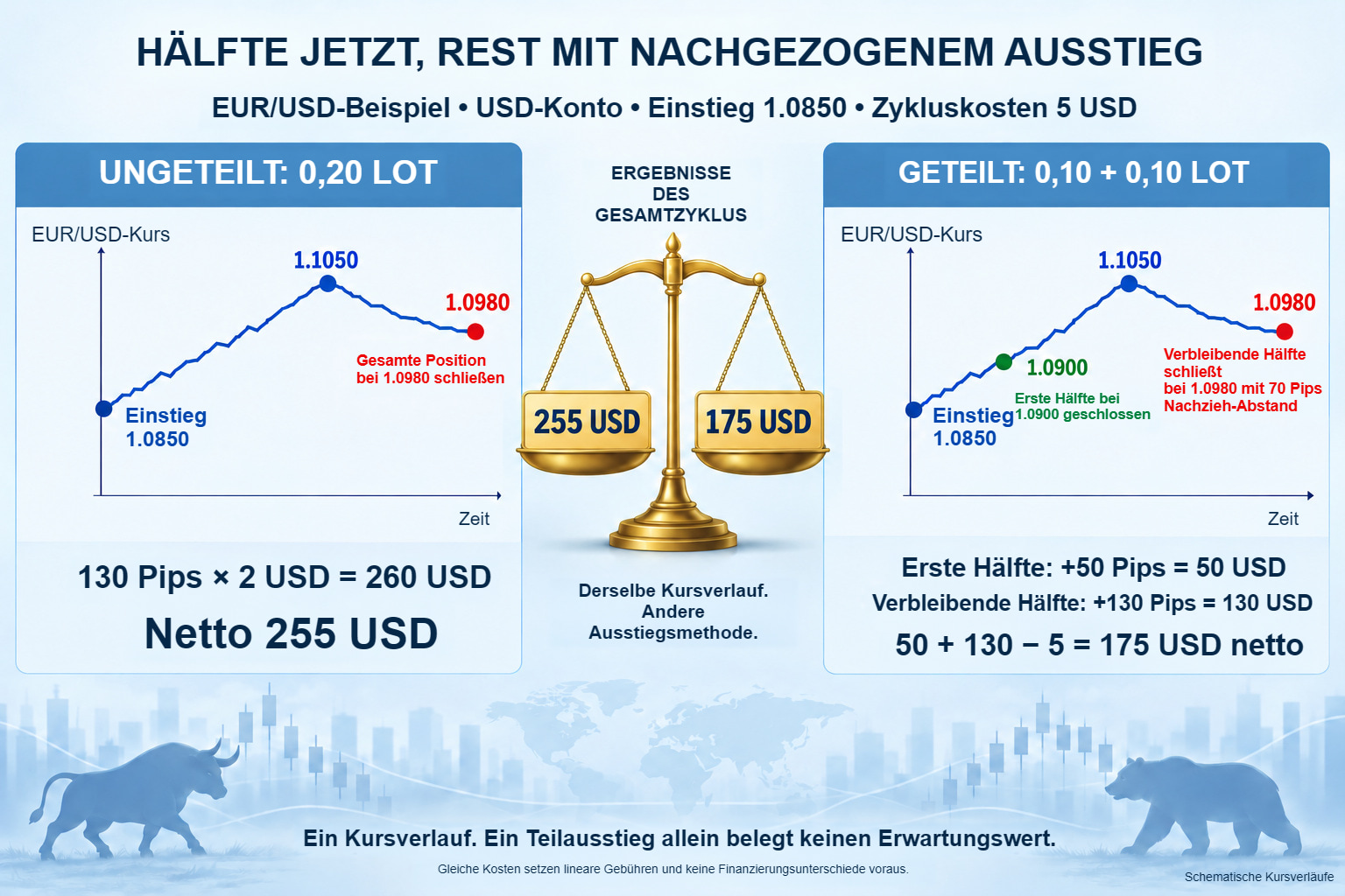 Teilausstieg: netto 255 USD ohne Teilung gegenüber netto 175 USD nach früher Schließung der Hälfte.