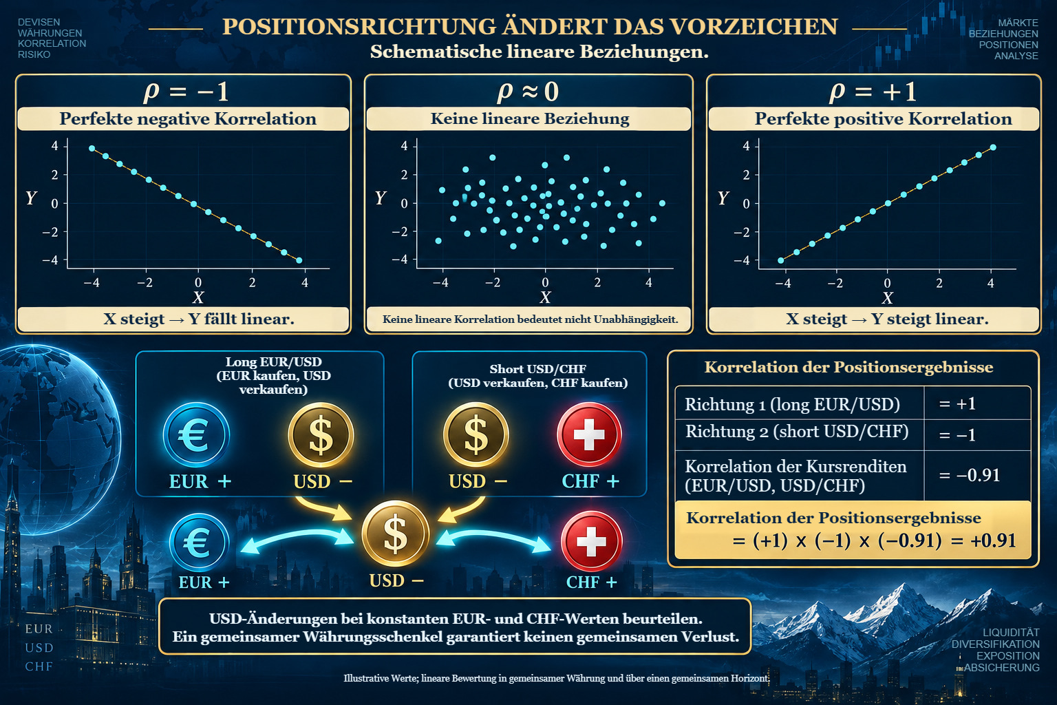 Schematische negative, fehlende und positive lineare Abhängigkeit mit Vorzeichenübertragung: Long EUR/USD und short USD/CHF machen aus der modellierten Renditekorrelation −0,91 eine Ergebniskorrelation von +0,91.