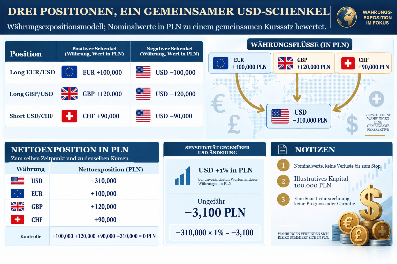 Drei-Positionen-Modellblatt: EUR +100.000 PLN, GBP +120.000 PLN, CHF +90.000 PLN und USD −310.000 PLN. Vorzeichenbehaftete Nominalwerte und ein Szenario einer USD-Aufwertung um 1% in PLN.