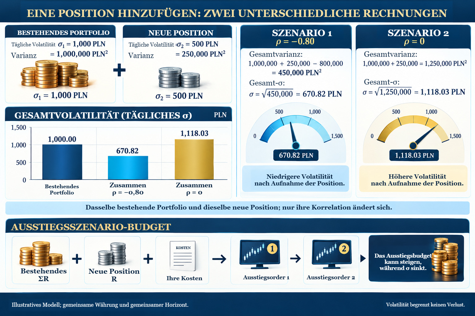 Die Aufnahme einer Position mit täglichem σ von 500 PLN in ein Portfolio mit σ von 1.000 PLN ergibt bei Korrelation −0,80 einen Wert von 670,82 PLN, bei null einen Wert von 1.118,03 PLN. Getrennte Ausstiegsbudgets können in beiden Fällen steigen.