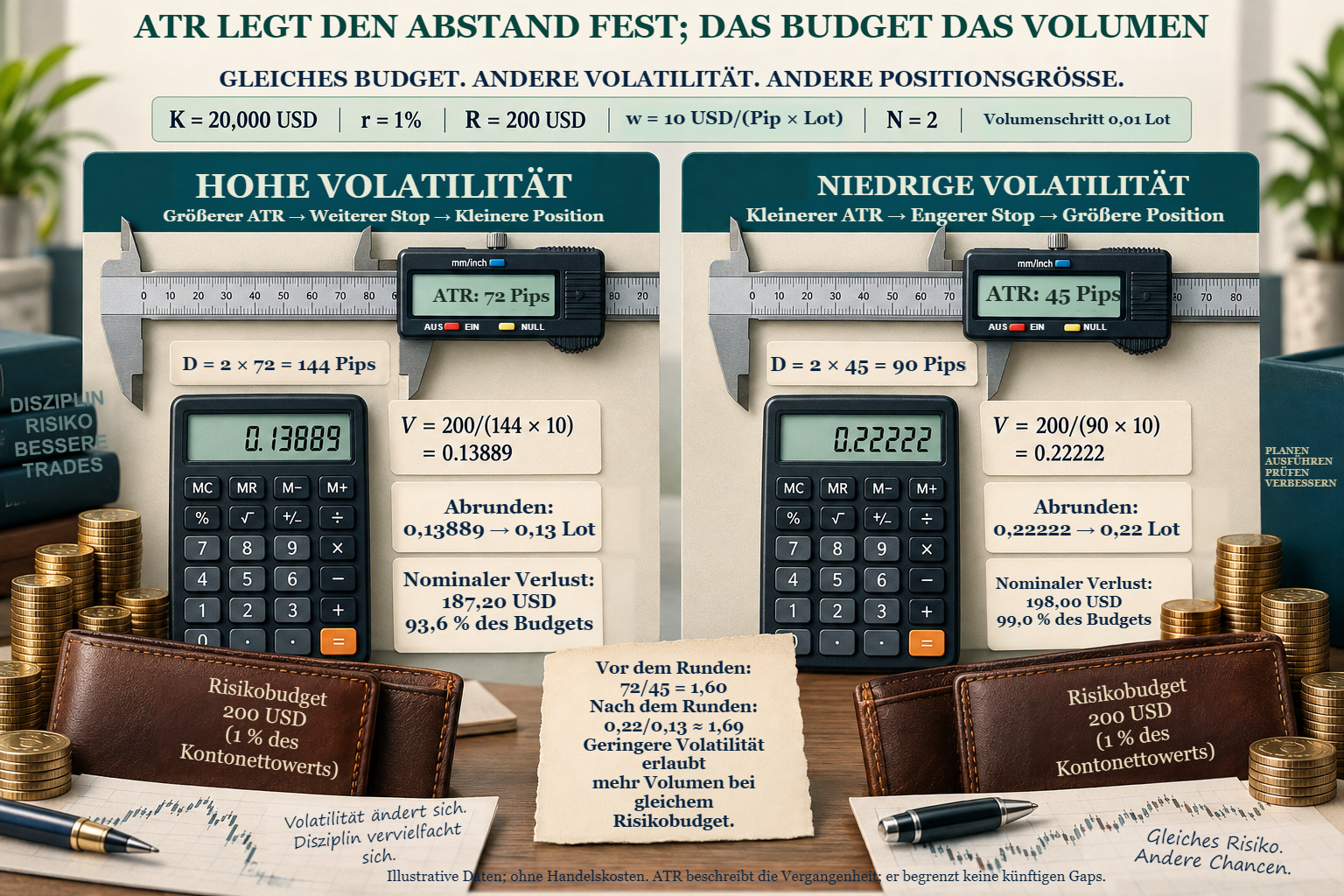 Zwei ATR-Beispiele mit 200 USD Budget: ATR 72 und 45 Pips ergeben D 144 und 90 Pips, Volumina 0,13 und 0,22 Lot sowie Verluste von 187,20 und 198,00 USD.