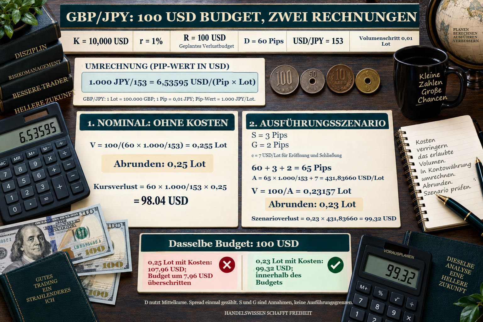 GBP/JPY auf einem USD-Konto: Nominale 0,25 Lot ergeben nach Kosten 107,96 USD Verlust; nach Nettorisiko bemessene 0,23 Lot ergeben 99,32 USD bei einem Budget von 100 USD.