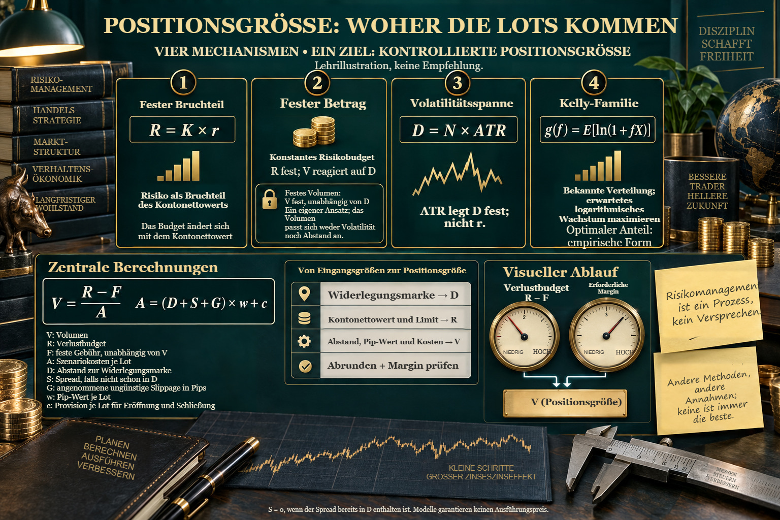 Positionsgröße: fester Bruchteil, fester Betrag, ATR-Spanne und die Kelly-Familie, mit getrennten Prüfungen von Verlustbudget und Margin.