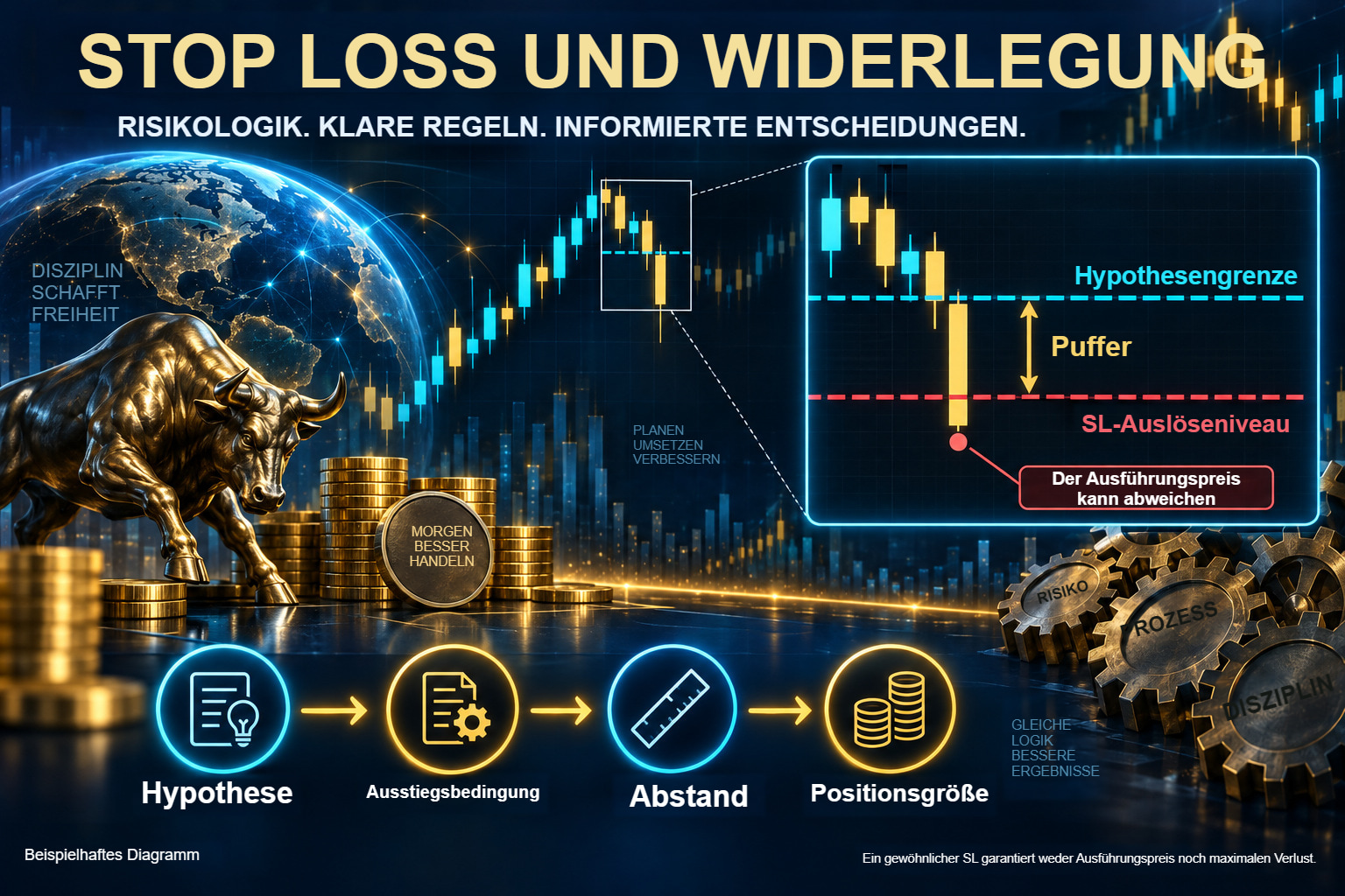 Detailliertes Stop-Loss-Diagramm: Hypothesengrenze, Puffer und tieferes Auslöseniveau, vergrößertes Beispiel eines abweichenden Ausführungspreises sowie die Reihenfolge von der Hypothese zur Positionsgröße.
