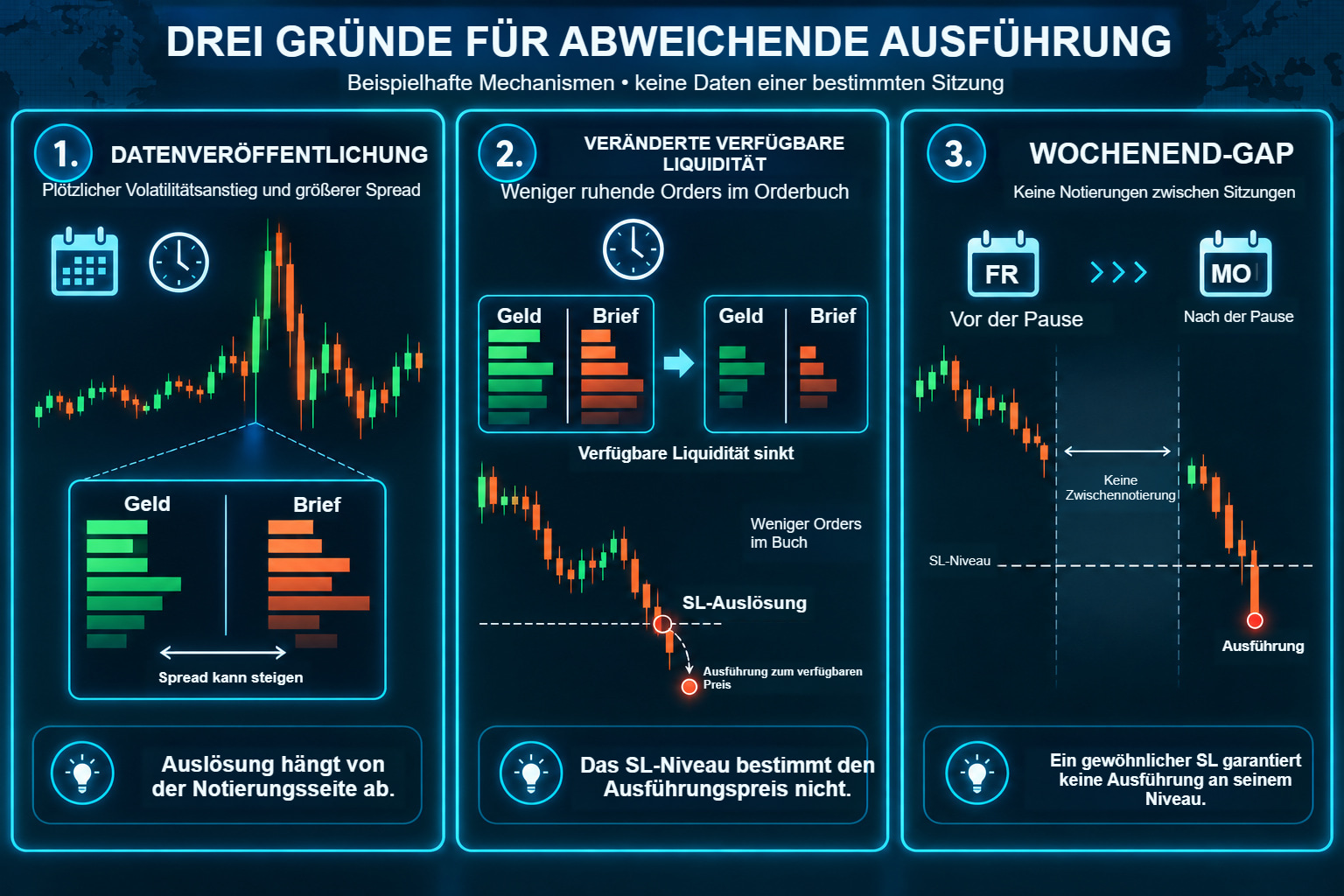 Drei detaillierte Diagramme ungünstiger Ausführung: größerer Spread um eine Veröffentlichung, veränderte verfügbare Liquidität und eine Kurslücke zwischen der letzten Notierung vor einer Pause und der ersten danach.
