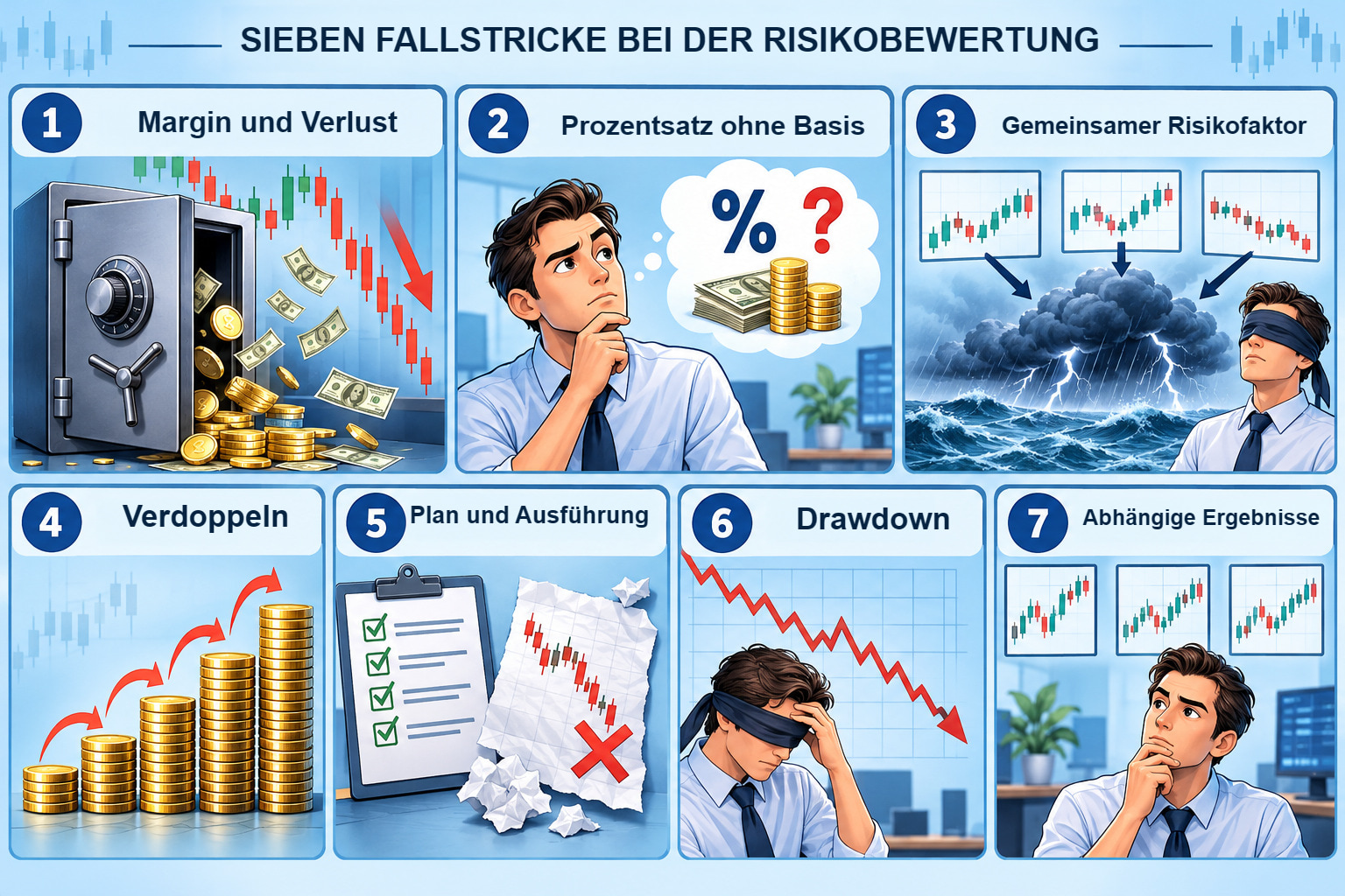 Sieben illustrierte Verwechslungen: Margin und Verlust, Prozentsatz ohne Basis, gemeinsamer Faktor, Verdoppeln, Plan und Ausführung, Drawdown und abhängige Ergebnisse.