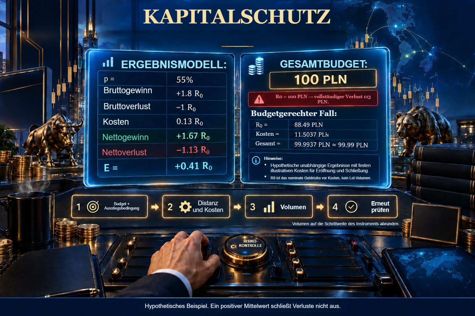Zwei illustrierte Felder: ein Modell mit p=55 %, Nettoergebnissen von +1,67/−1,13 R₀ und E=+0,41 R₀ sowie ein Budget von 100 PLN, das durch eine nominale Einheit von 88,49 PLN mit 11,5037 PLN Kosten eingehalten wird.