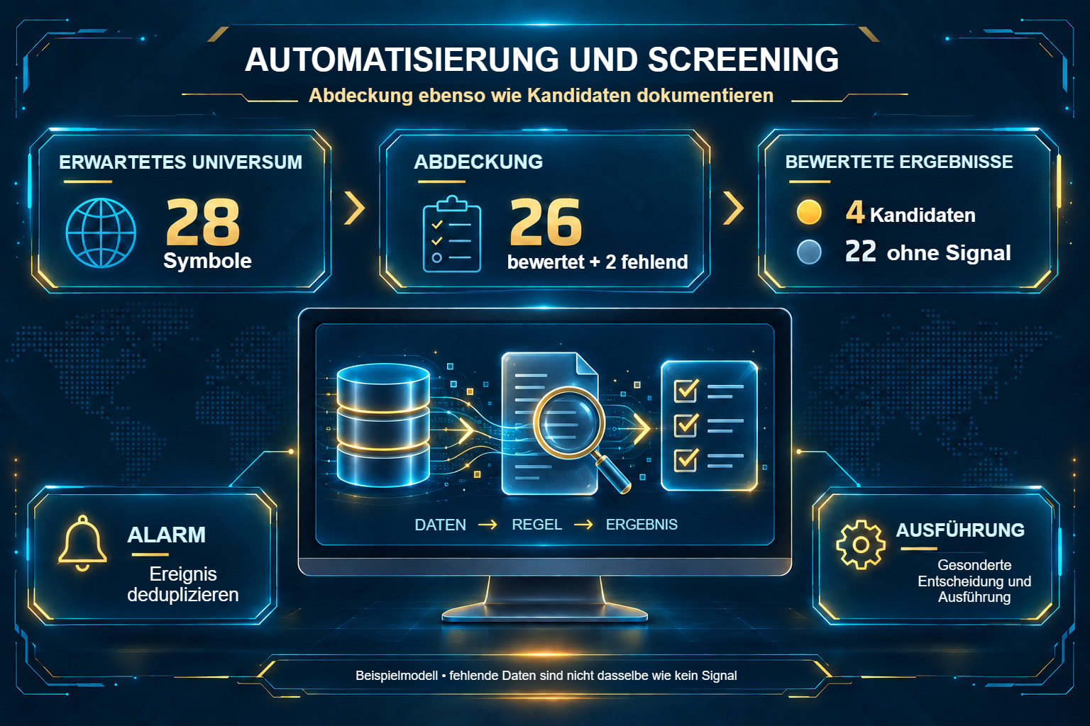 Screening: 28 Symbole, 26 bewertet, 2 mit fehlenden Daten und 4 Kandidaten